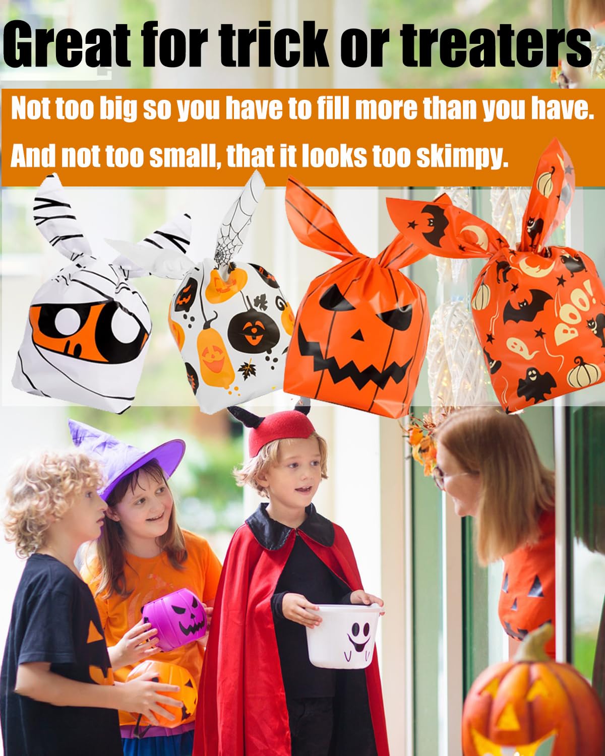 KOCOVIMI 100Pcs Halloween Trick or Treat Bags - 4 Style Cute Rabbit Ear Candy Bags for Kids Party Favors | Durable Halloween Goodie Bags for Trick-or-Treating, School Events & Halloween Parties