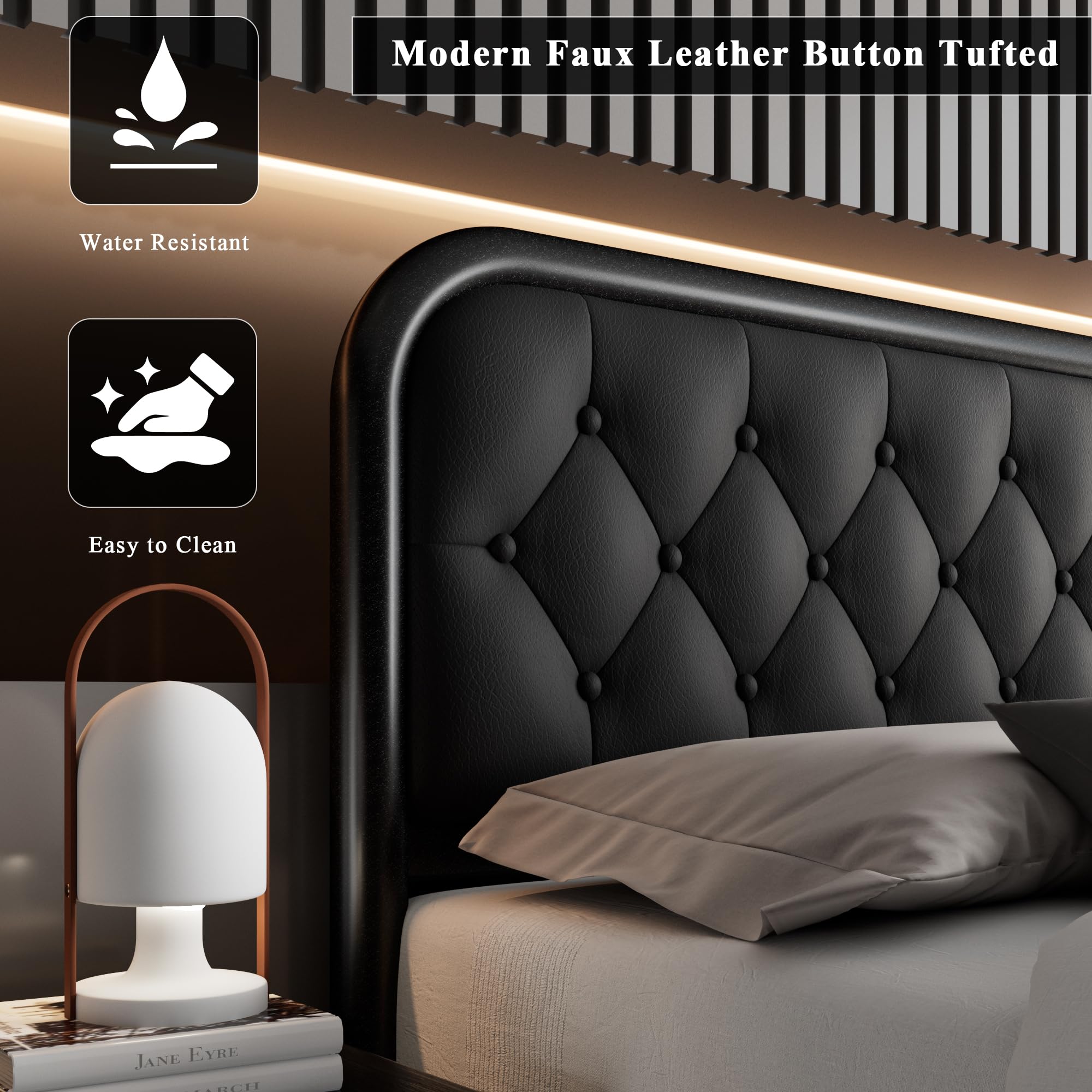 Feonase Full Size Bed Frame with Faux Leather Headboard - Heavy Duty Upholstered Platform Bed with Sturdy Metal Slats | 12