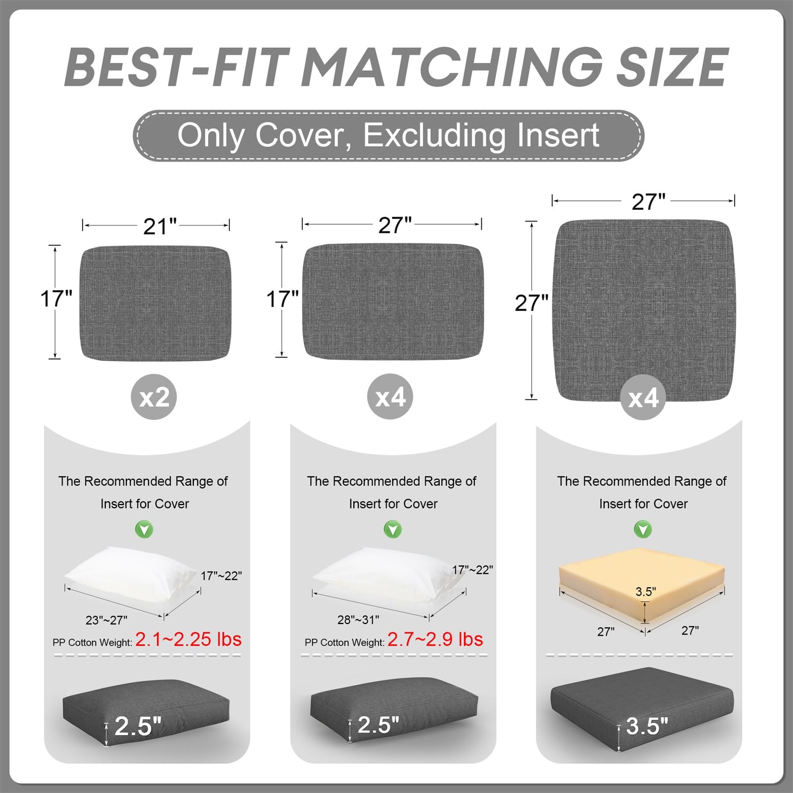 10-Piece Outdoor Sofa Cushion Covers - 27x27 Inch All-Weather Olefin Fabric Slipcovers for Patio Furniture (Dark Grey) - Perfect for Backyard, Deck, Poolside & Garden Seating