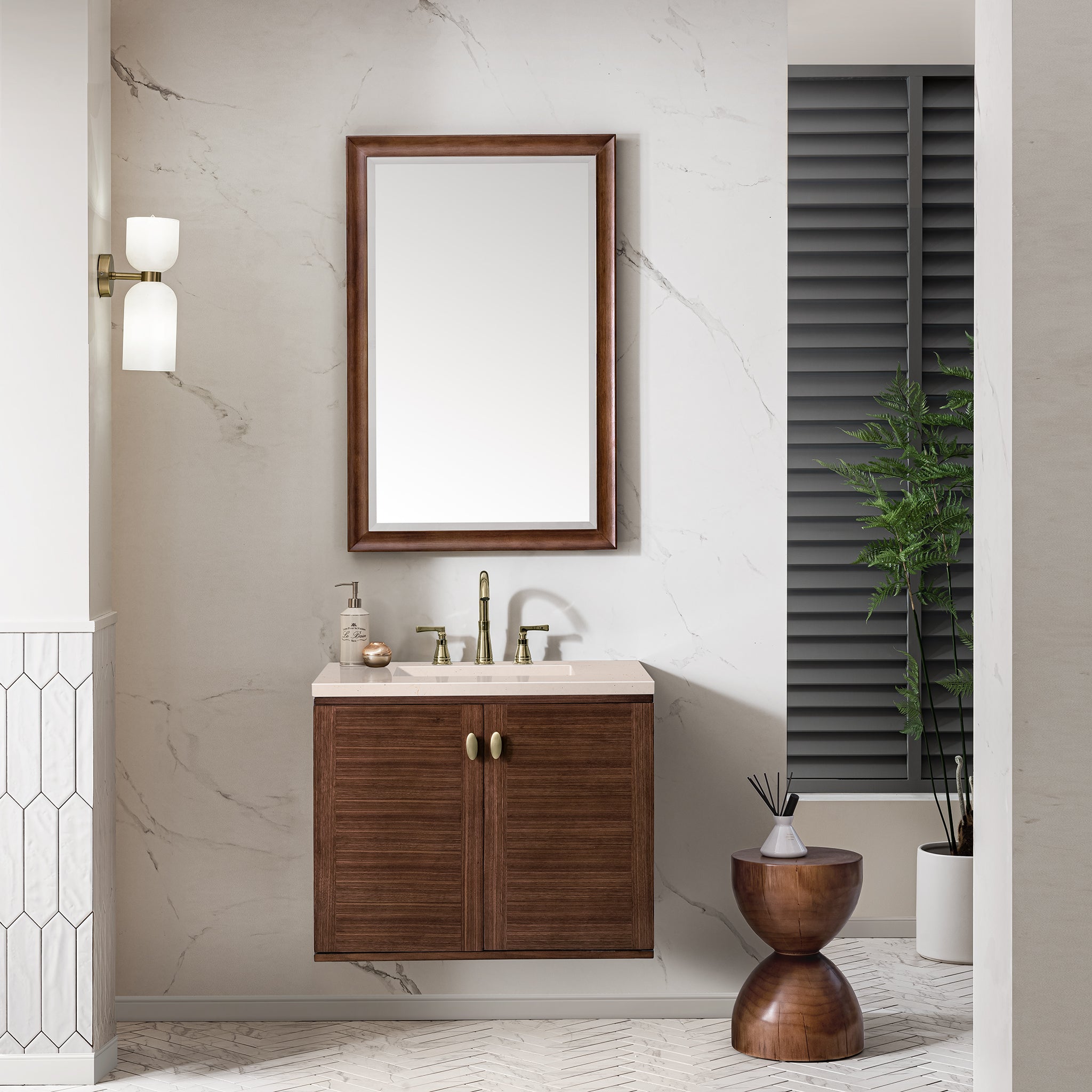 Amberly 30 Inch Single Bathroom Vanity - Mid Century Modern Walnut Finish with 3CM Eternal Marfil Stone Top | Perfect for Small Bathrooms, Powder Rooms & Master Suites
