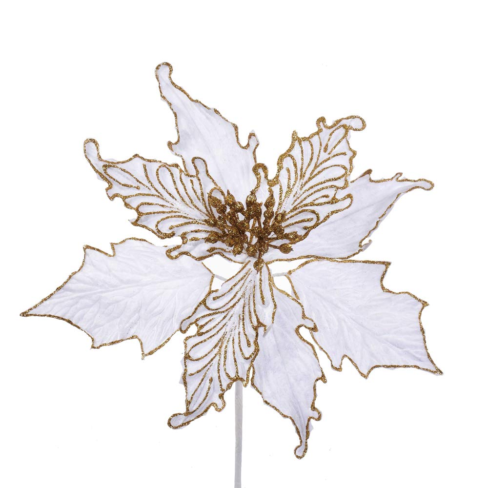 Kurt S. Adler White and Gold Velvet Poinsettia Pick with Leaves - Elegant Christmas Floral Arrangement for Holiday Decor, Table Centerpieces, Wreaths, and Gift Wrapping