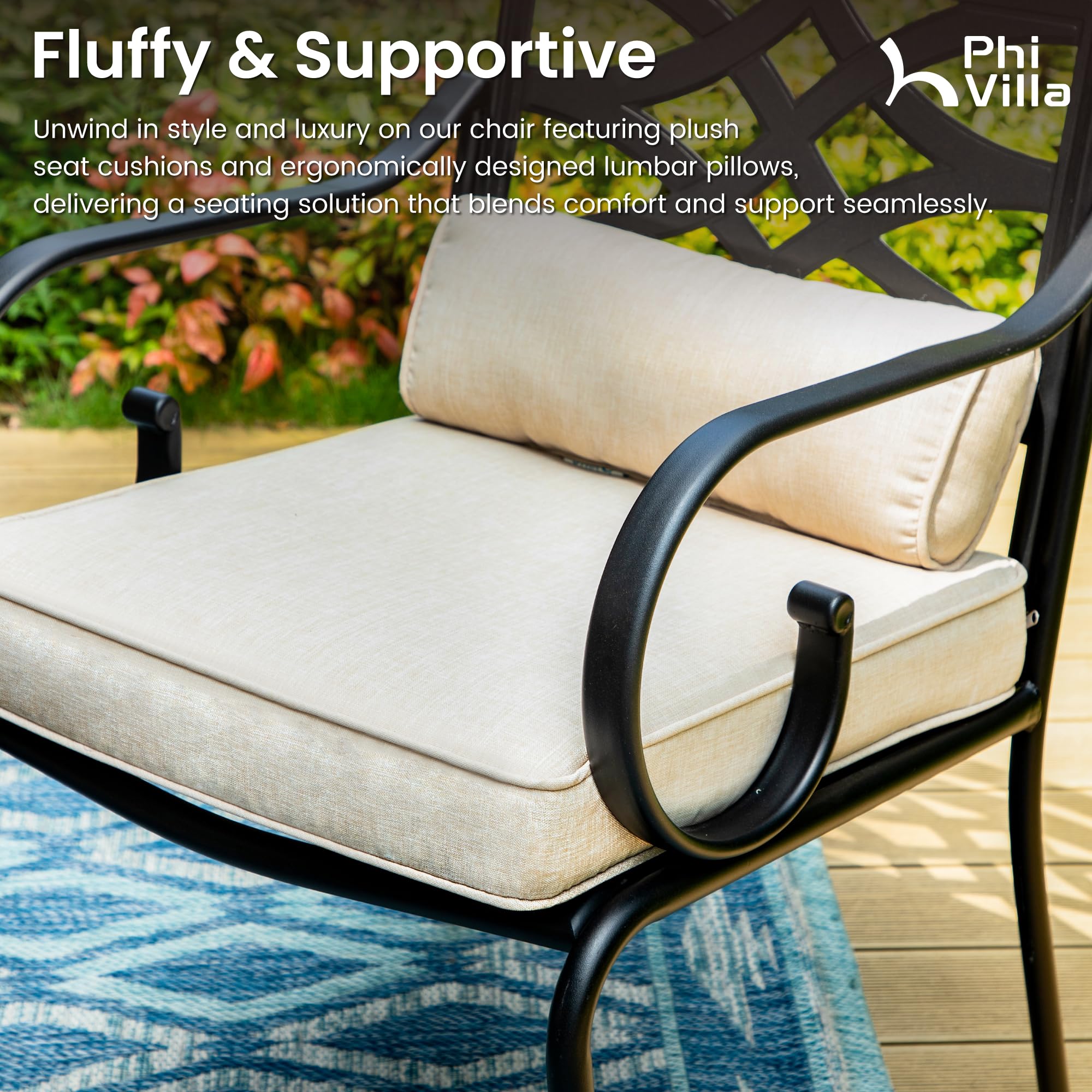 PHI VILLA 7-Piece Outdoor Dining Set for 6 - 37x60 Inch Rectangle Patio Table with Umbrella Hole & 6 Metal Chairs - Durable Garden Furniture for Backyard, Deck, Poolside & Outdoor Entertaining