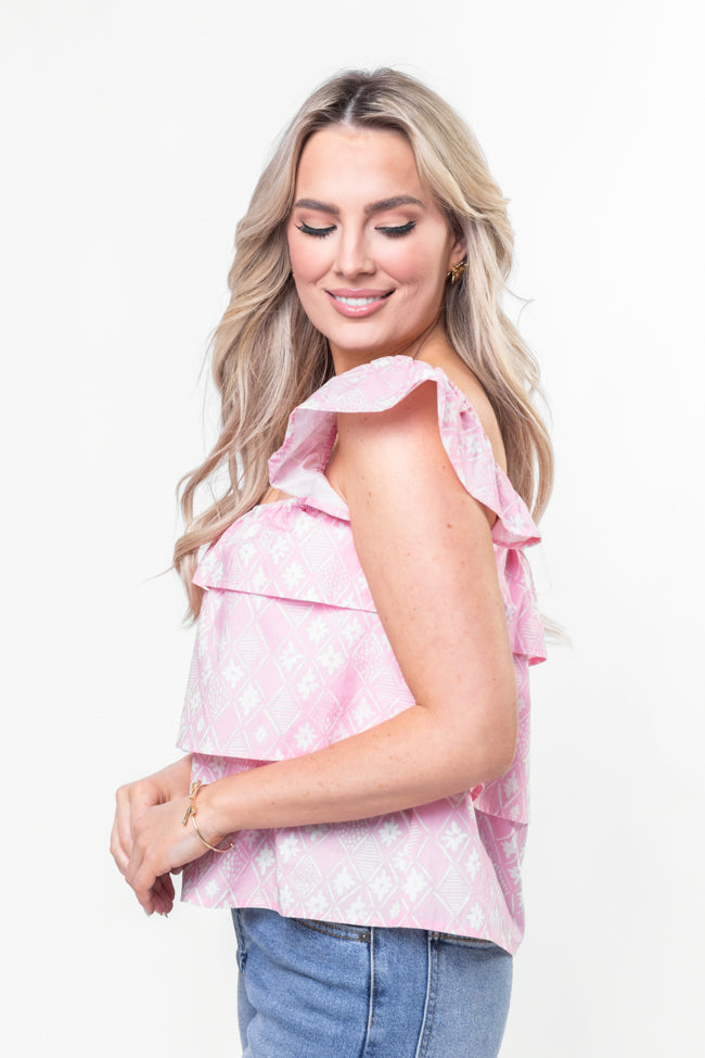 Wonderful Wildflowers Pink Print Button Front Tiered Tank Top - Floral Summer Blouse for Women - Perfect for Casual Outings & Beach Vacations