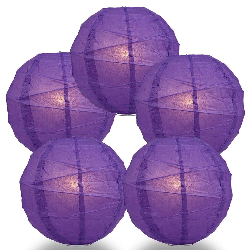 5 Pack 16 Inch Royal Purple Freestyle Ribbing Round Paper Lanterns for Party Decorations, Wedding, Birthday, Festival & Home Decoration