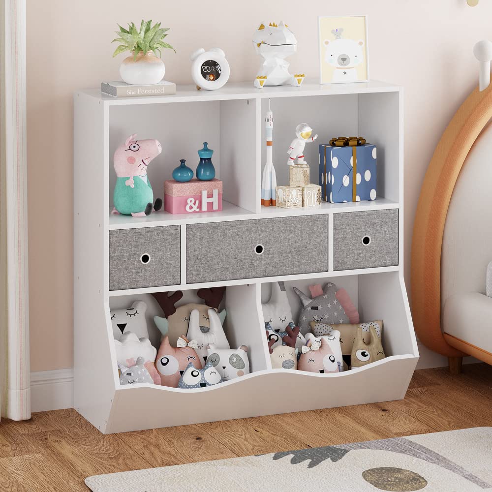 Entcook Kids Bookshelf & Toy Storage Organizer - White Wooden Bookcase with Cubby Shelves & Drawers for Playroom, Bedroom, Nursery & School - Perfect for Organizing Children's Books, Toys & Learning Supplies - Ideal for Montessori Classrooms, Daycare Centers & Home Learning Spaces