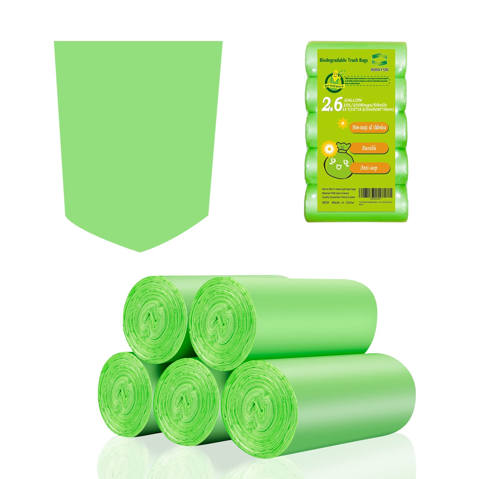 2-2.6 Gallon Biodegradable Trash Bags - 100 Count Small Bathroom Garbage Bags | Clear Green Expanded Size (10L) | Eco-Friendly Waste Disposal for Home, Office & RV Use
