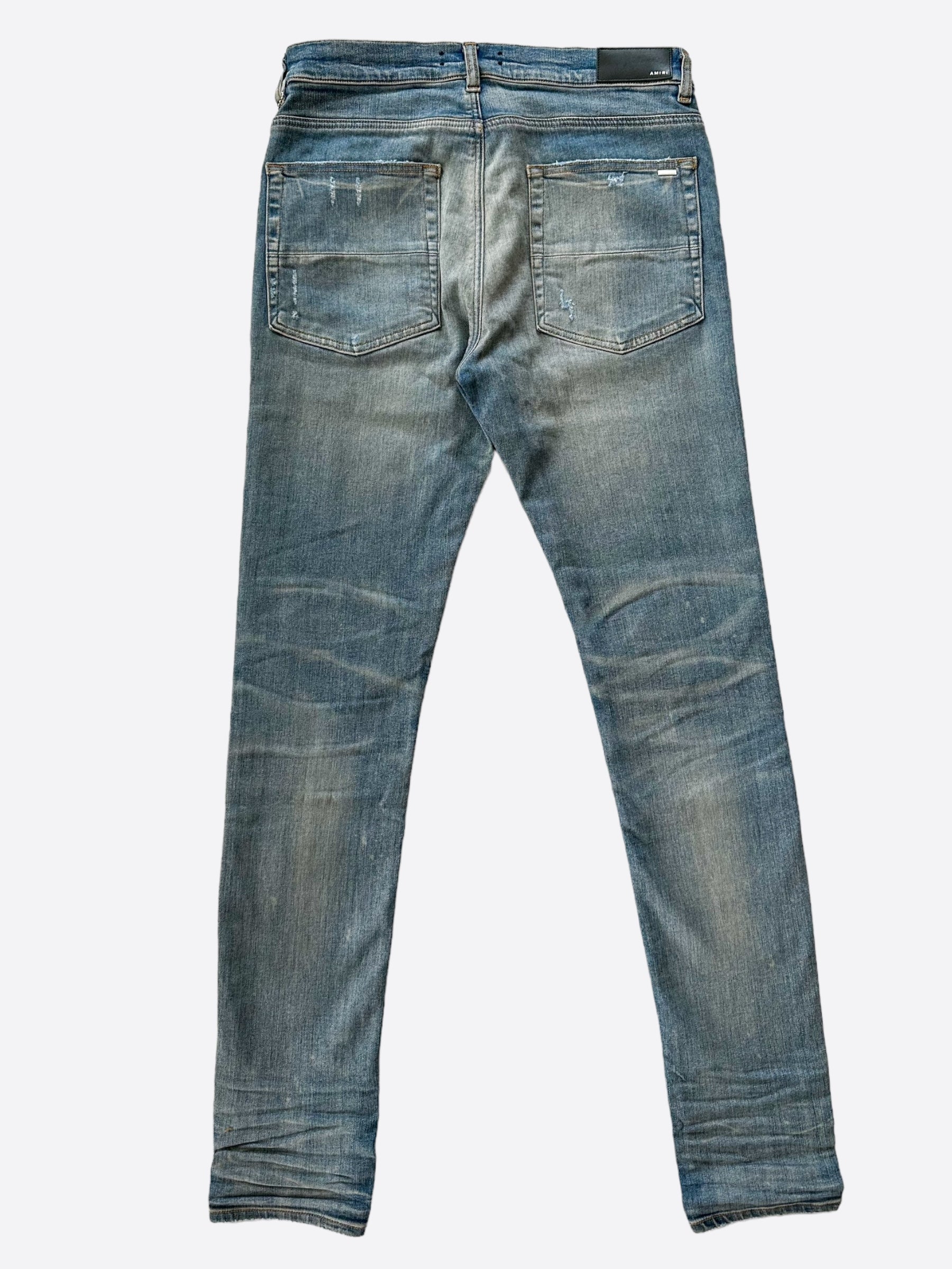 Amiri MX1 Jeans for Men - Blue & Red Patch Distressed Denim Pants | Stylish Slim Fit Skinny Jeans for Casual Wear & Night Out