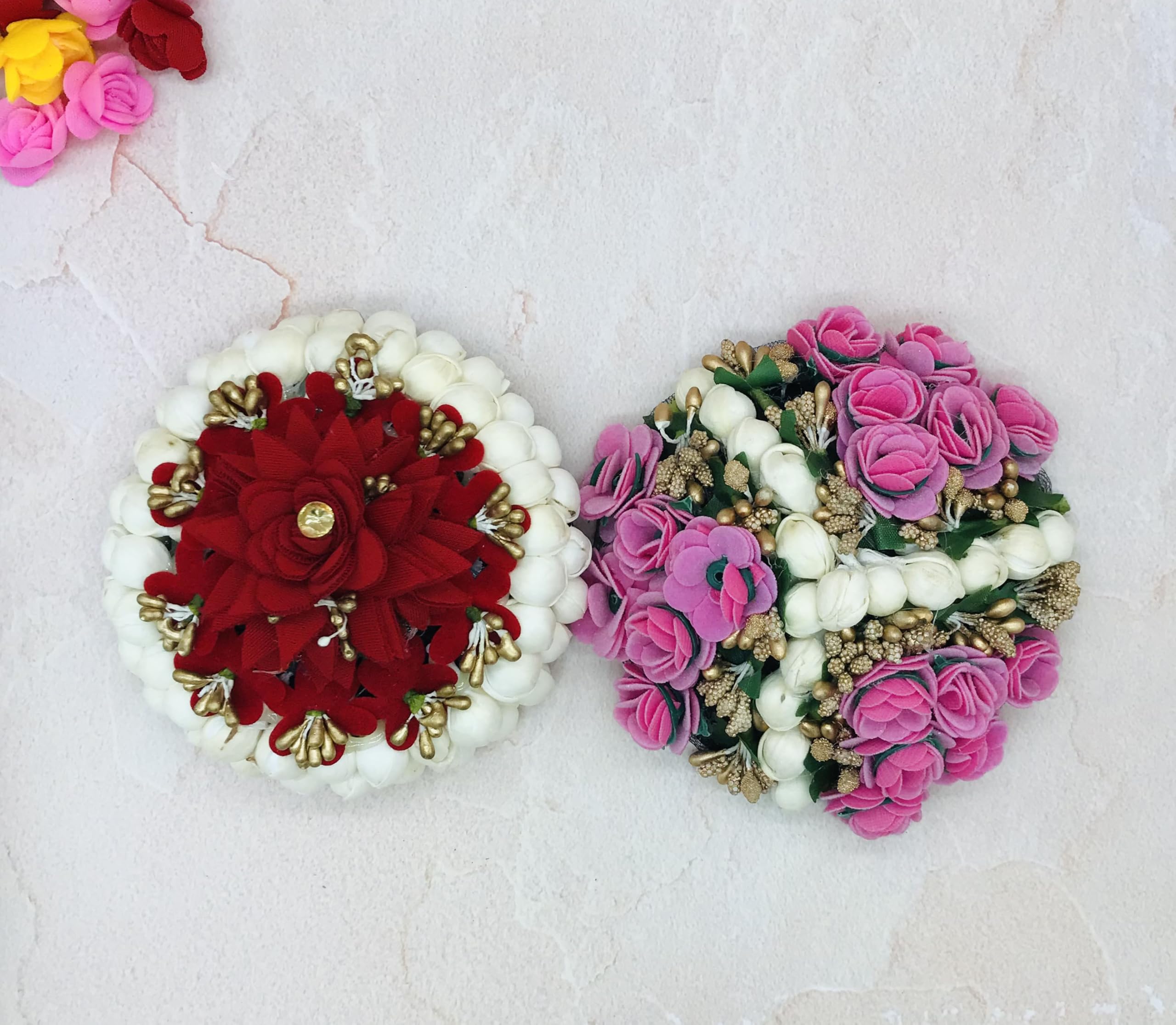Gadinfashion™ Bridal Artificial Flower Hair Juda Gajra - Women's Bun Hair Accessories for Weddings, Parties & Festivals (Multicolor, Pack of 02) - Perfect for Indian Bridal Hairstyles, Mehendi & Sangeet Ceremonies