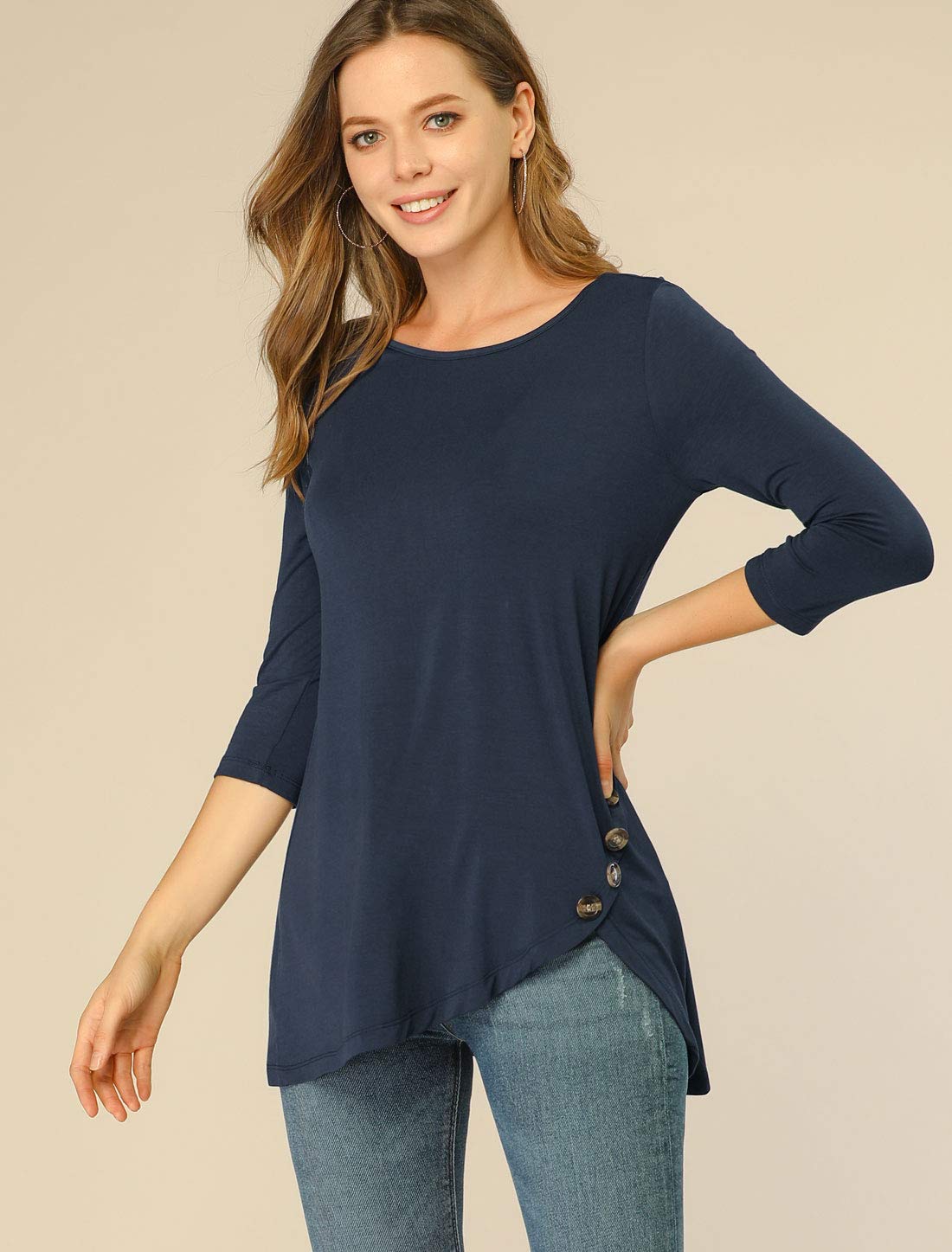 Allegra K Women's Loose Asymmetrical Hem Tunic T-Shirt - 3/4 Sleeve Round Neck Casual Top for Spring 2025 | Perfect for Work, Weekend Outfits & Layering