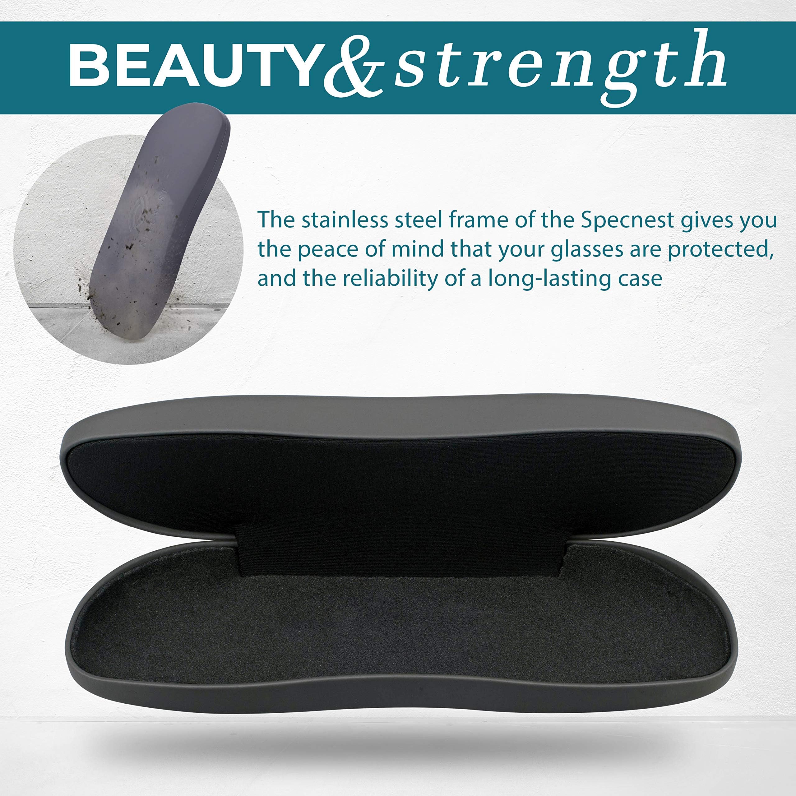 Thin & Slim Hard Shell Glasses Case - Stainless Steel with Vegan Leather - Modern Professional Eyeglass Holder for Men & Women - Perfect for Travel, Office & Daily Use