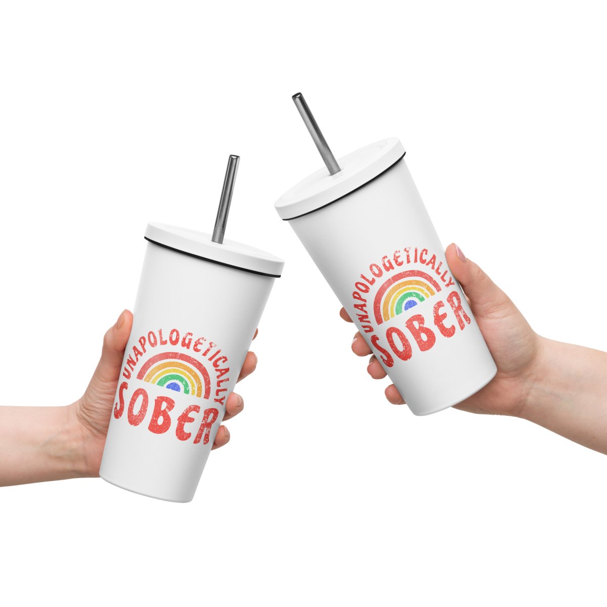 Unapologetically Sober Rainbow Insulated Tumbler - 20oz Stainless Steel Travel Mug with Lid & Straw - Perfect for Iced Coffee, Smoothies & Motivational Sobriety