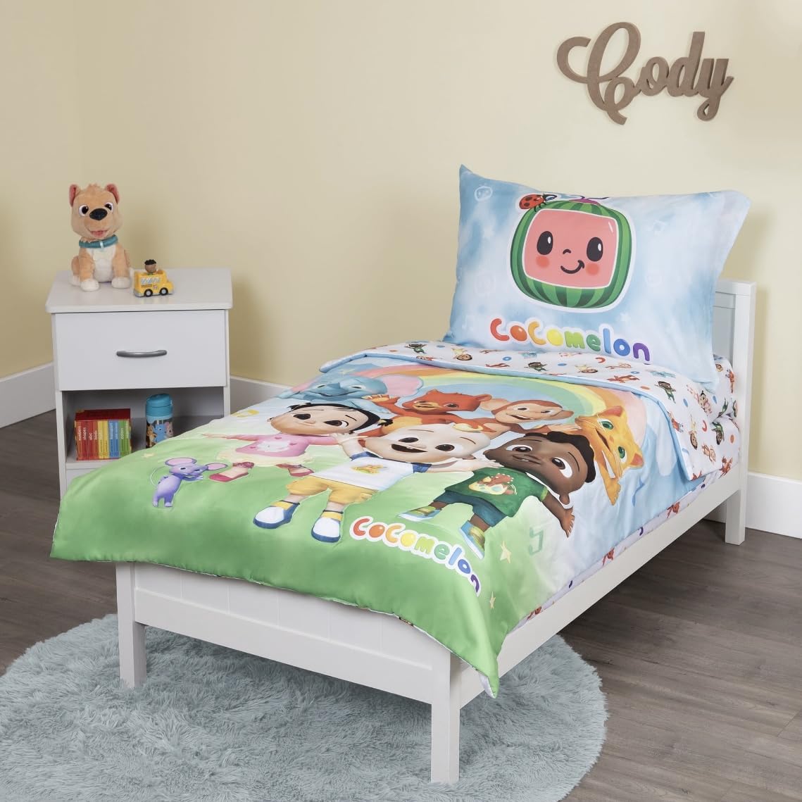 CoComelon 4-Piece Toddler Bedding Set - Cute Rainbow Design for Kids Bedroom | Soft & Comfortable Toddler Bed Sheets, Pillowcase, Blanket | Perfect for Nursery, Daycare or Gift | Green