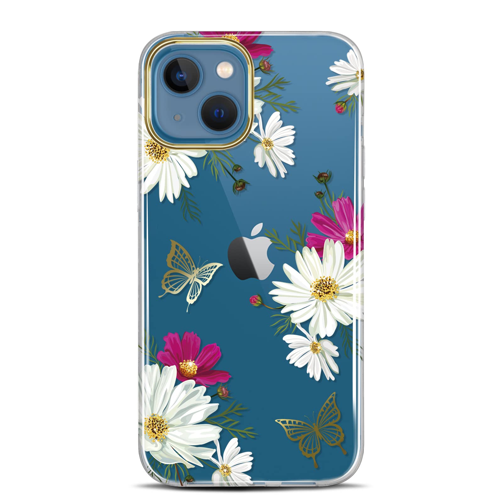 JAHOLAN iPhone 13 Case 6.1 Inch - Clear Shockproof Hard Back Cover with Floral Glitter Design, Butterfly Gold Pattern for Women & Girls | Perfect for Everyday Use, Gift Giving & Fashion Protection