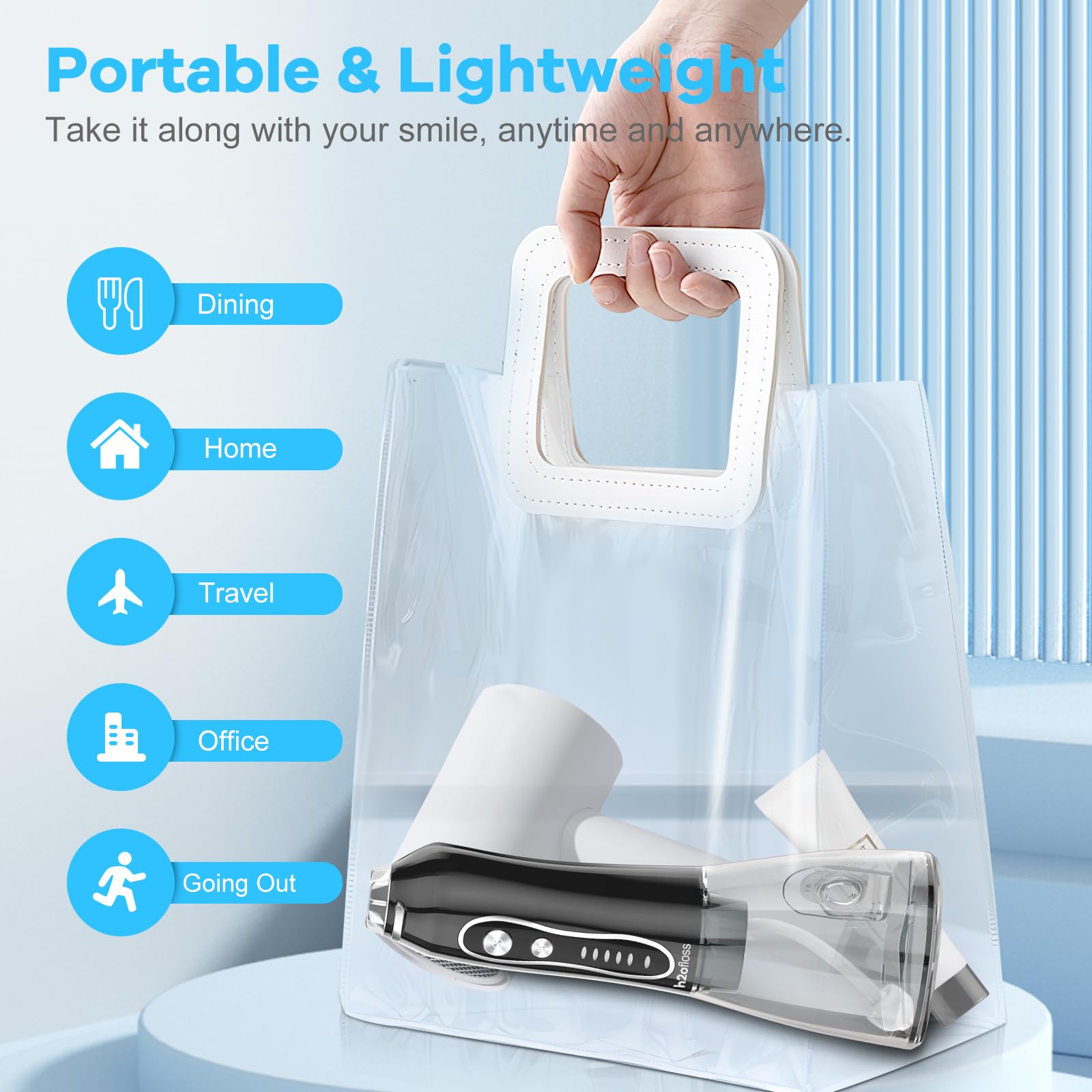 H2ofloss Portable Water Dental Flosser - Rechargeable Cordless Oral Irrigator with 300ml Tank, 5 Cleaning Modes & IPX7 Waterproof for Teeth Cleaning - Perfect for Home, Travel & Orthodontic Care