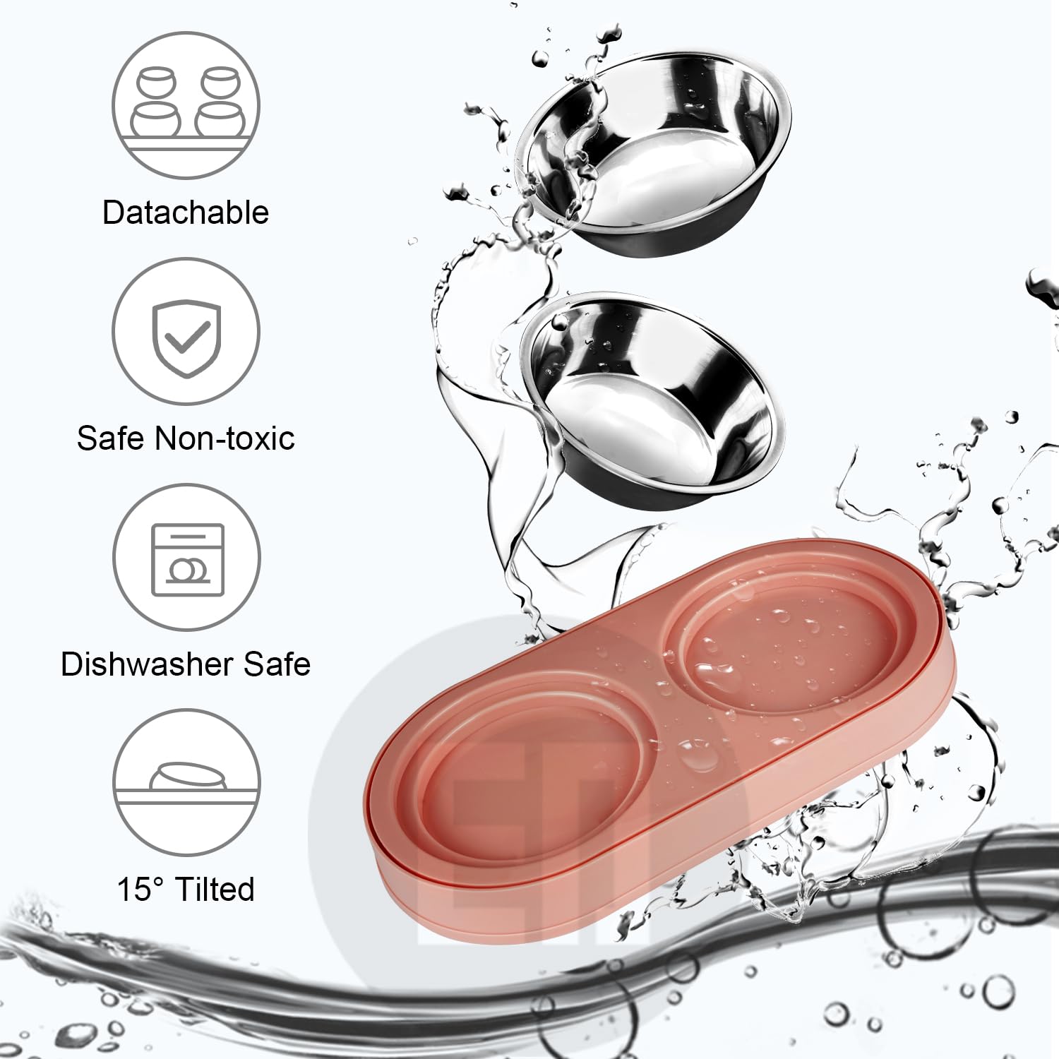 Stainless Steel Elevated Cat Food and Water Bowls Set with Stand - Tilted Anti-Vomiting Design for Healthy Eating - Perfect for Double Cats, Small Pets - Ideal for Home, Kitchen, or Travel Use (Pink)
