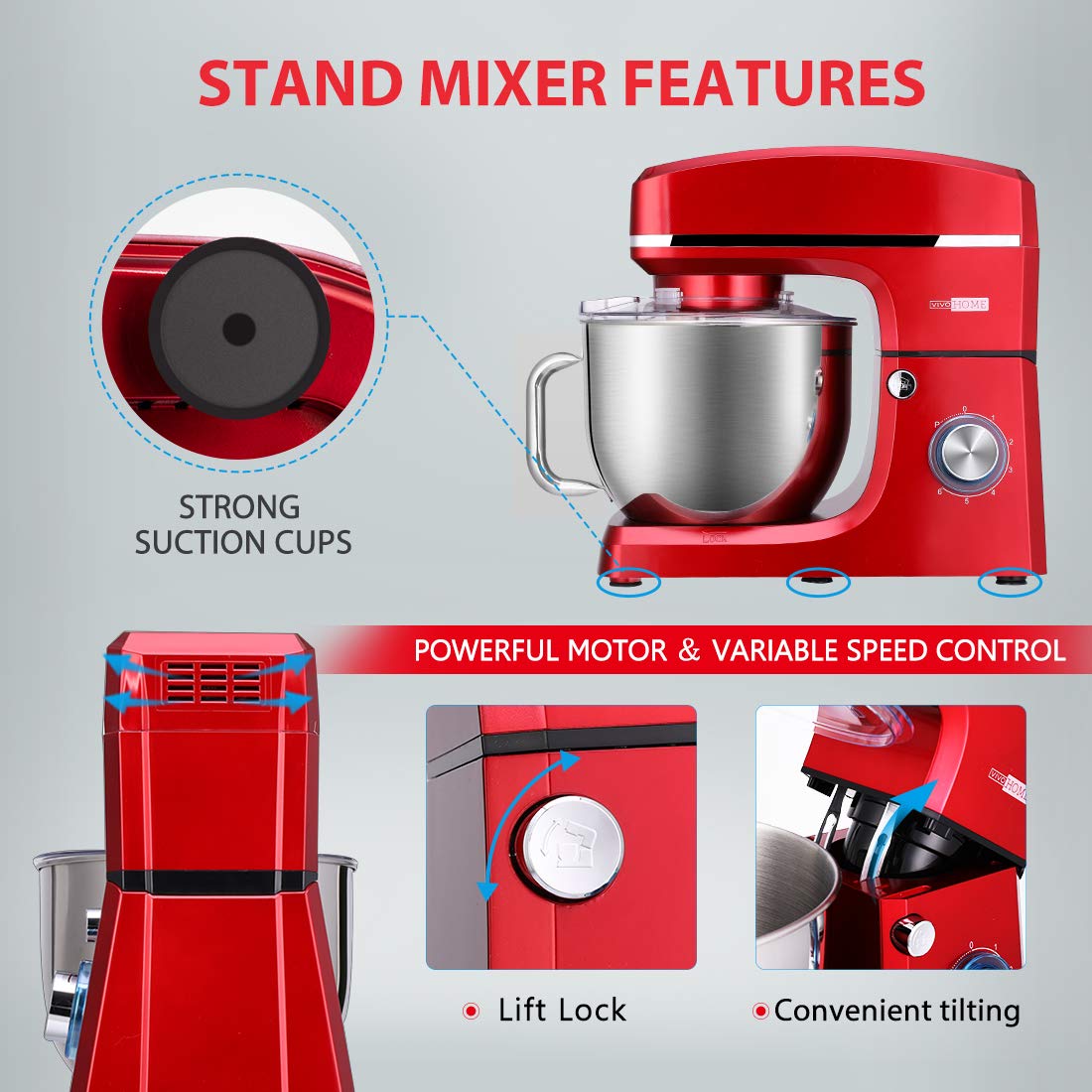 VIVOHOME 7.5 Quart Stand Mixer - 660W Powerful 6-Speed Tilt-Head Electric Kitchen Mixer with Beater, Dough Hook & Wire Whip - Perfect for Baking Cakes, Cookies, Bread & Whipping Cream (Red)