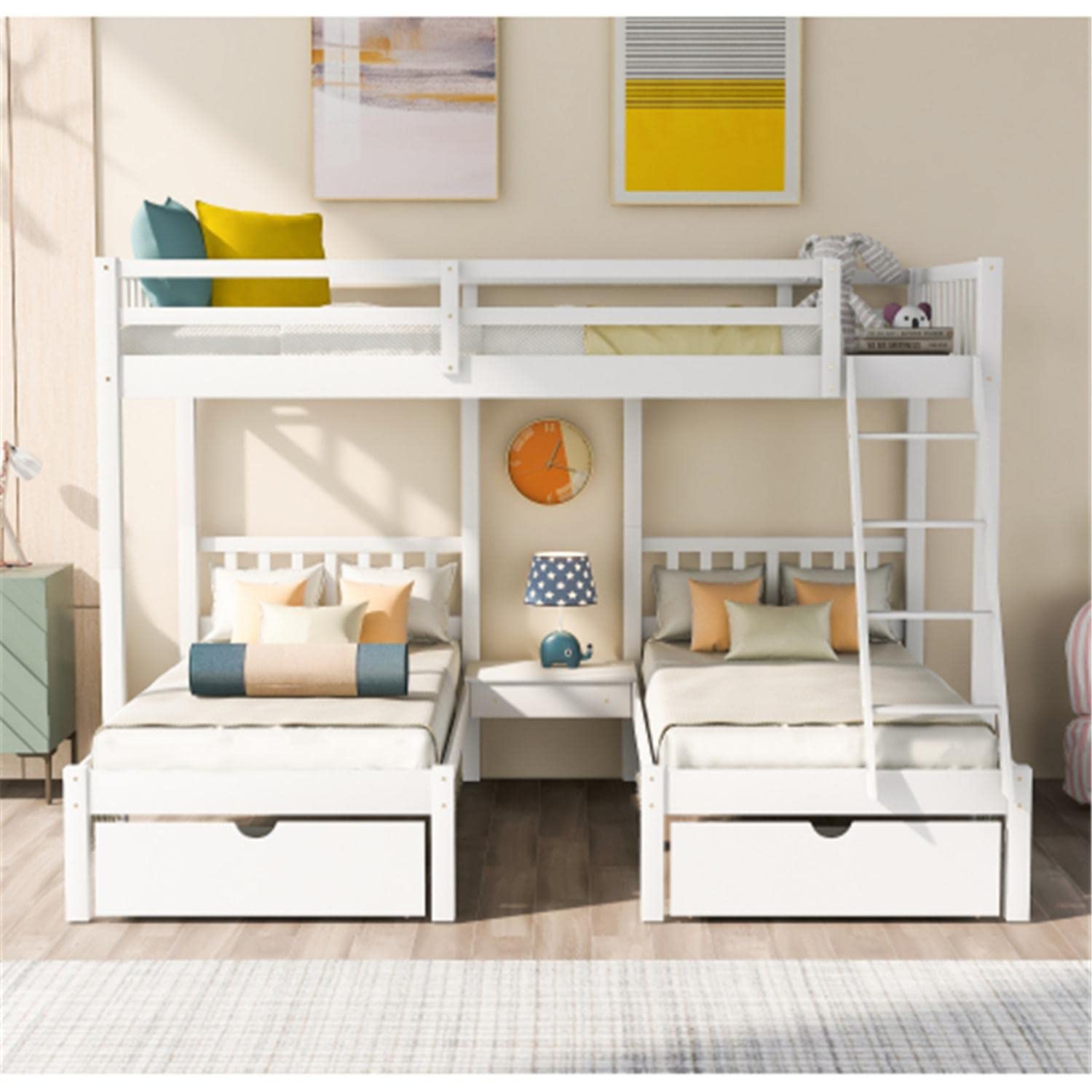 Full Over Twin & Twin Triple Bunk Bed Frame with Storage Drawers - Space Saving Design with Inclined Ladder - White - Perfect for Kids' Bedrooms, Vacation Homes & Small Spaces
