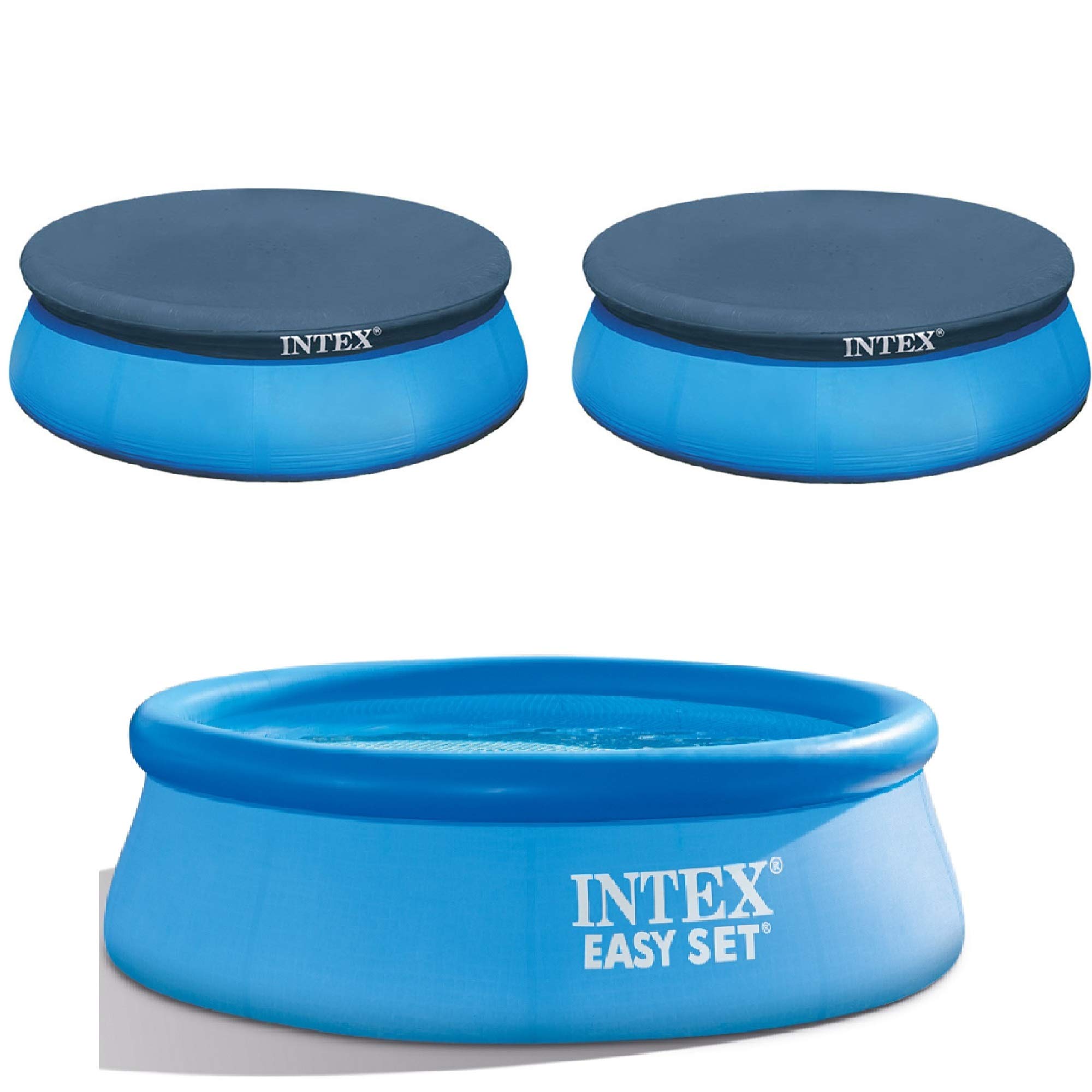 Intex 8ft Above Ground Swimming Pool Cover (2-Pack) & 8ft Inflatable Top Round Pool - Heavy Duty Protection for Summer Backyard Fun