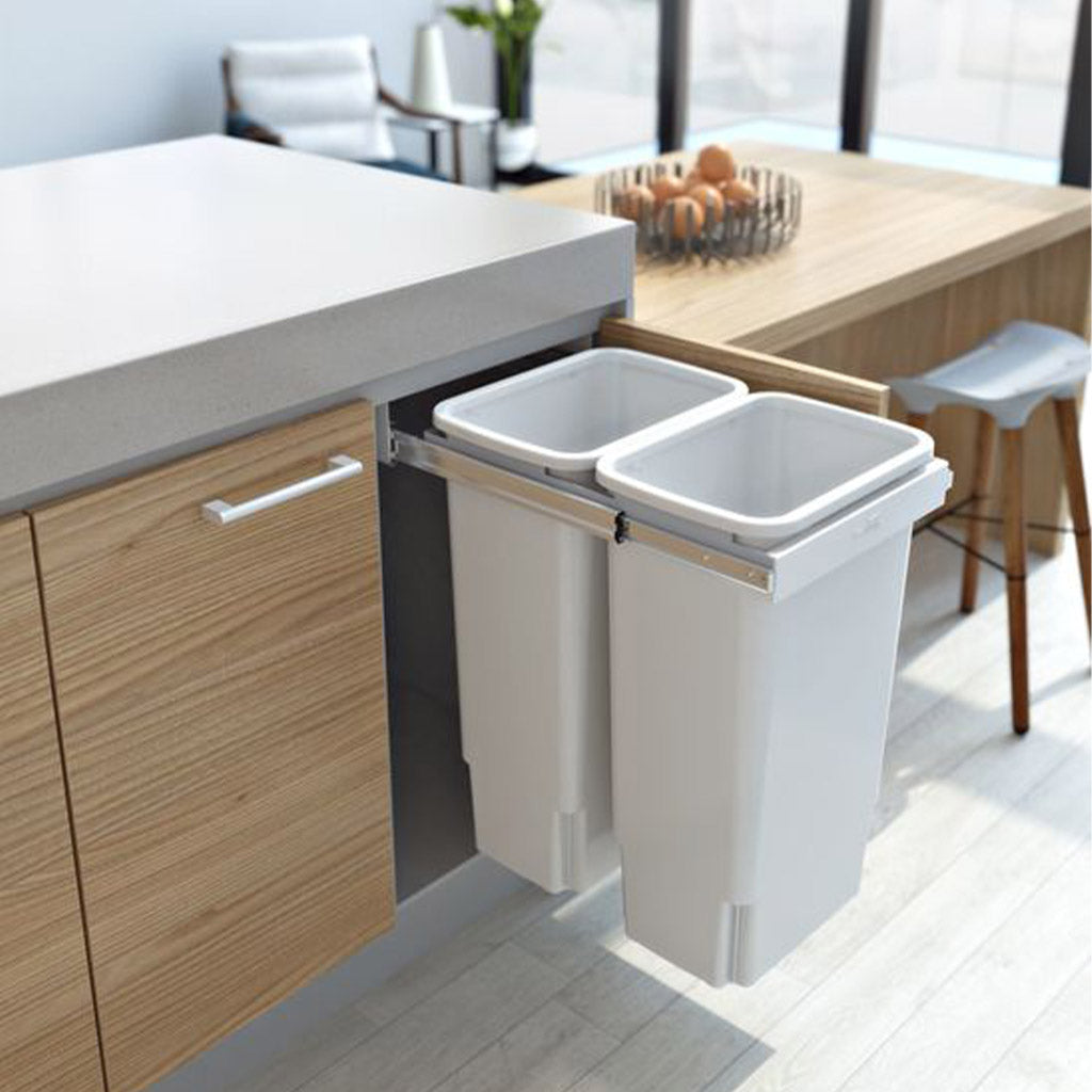 Hideaway Waste Bin with Soft Close Lid - Compact 2 x 35L Trash Can with Handle Pull - Perfect for Kitchen, Bathroom, and Office Organization