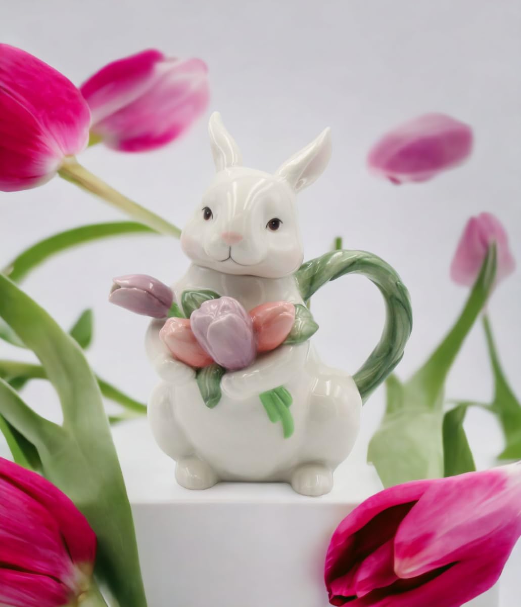 Hand-Painted Ceramic Bunny Rabbit Teapot with Tulips - 7.25 Inch Tall - Perfect for Easter Decor, Tea Parties & Spring Home Decor