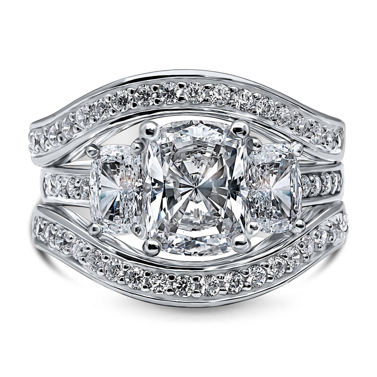 BERRICLE Sterling Silver 3-Stone Wedding & Engagement Ring Set - 2.6 Carat Cushion Cut Cubic Zirconia CZ for Women, Rhodium Plated, Size 4-10 - Perfect for Proposals, Anniversaries & Special Occasions