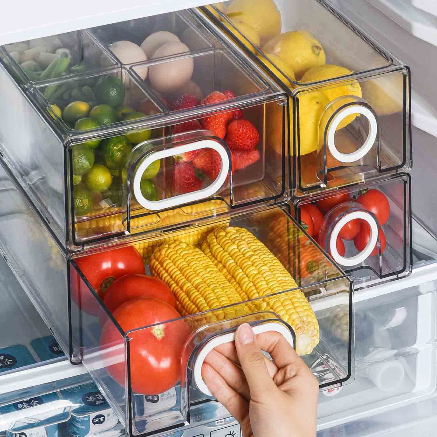 6-Piece Stackable Refrigerator Organizer Set with 3 Drawers & 3 Bins - Heavy Duty Fridge Storage Bins with White Handles for Easy Pull-Out Access - Perfect for Kitchen Organization, Grocery Storage & Meal Prep
