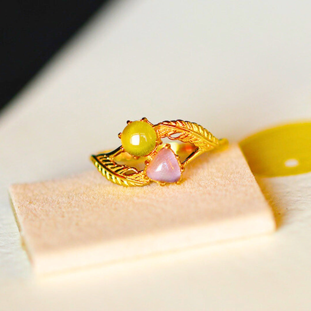 Amethyst and Citrine Leaf Vine Two Stone Ring for Women - Elegant Bohemian Jewelry - Perfect for Weddings, Parties & Everyday Wear