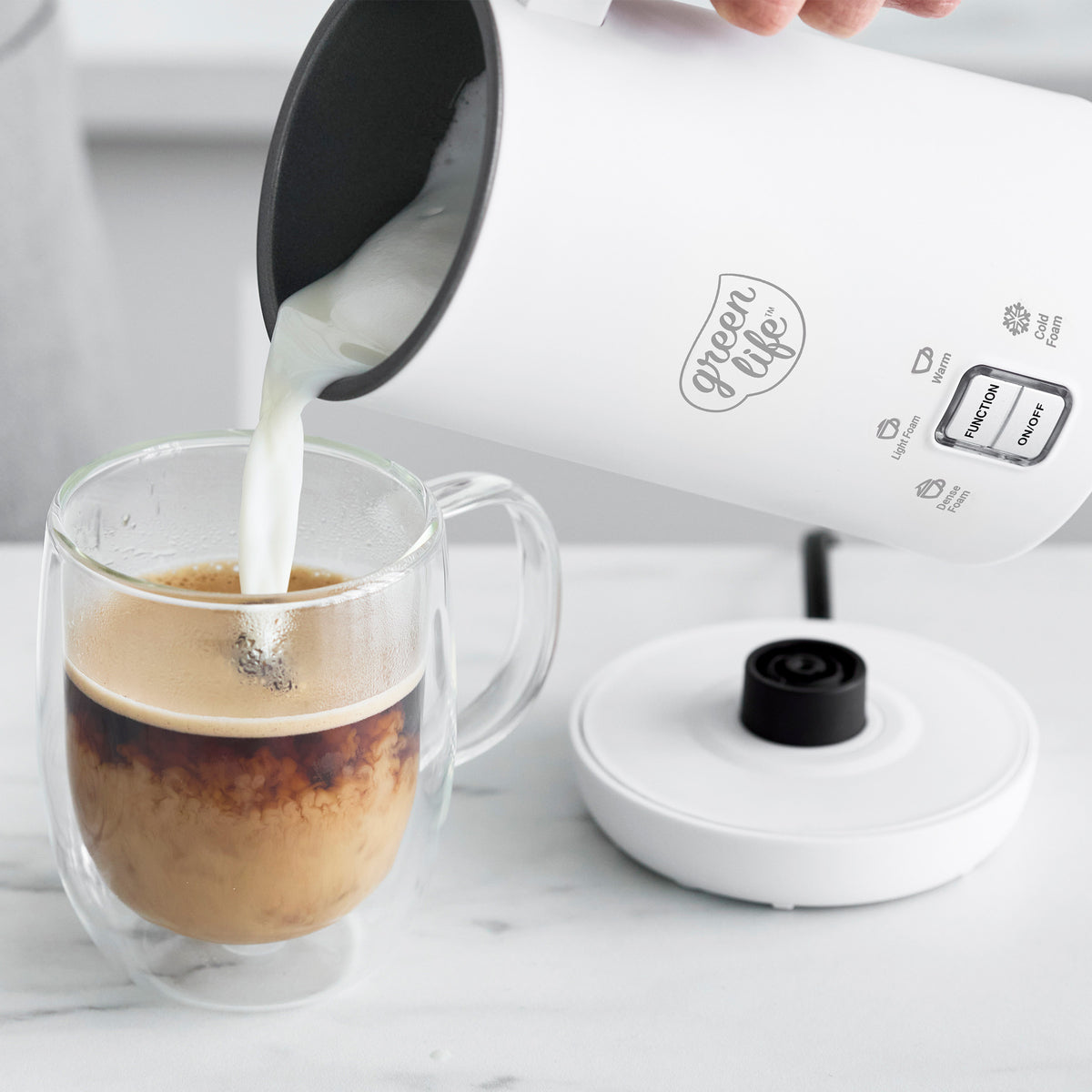 GreenLife Electric Milk Frother - Handheld Automatic Foam Maker for Coffee, Latte & Cappuccino - Perfect for Home, Office & Cafe Use - White