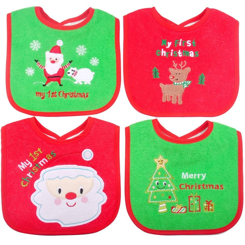 First Christmas Baby Bibs Set - 4 Pcs Red & Green Baby Bibs for Newborns & Toddlers - Perfect Christmas Gift for Babies - Ideal for Feeding, Drooling & Holiday Photos