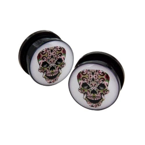4G Pair Acrylic Screw-on Day of the Dead Sugar Skull Ear Plugs & Gauges - Gothic Punk Body Jewelry for Stretching Earlobes - Perfect for Halloween, Cosplay and Alternative Fashion