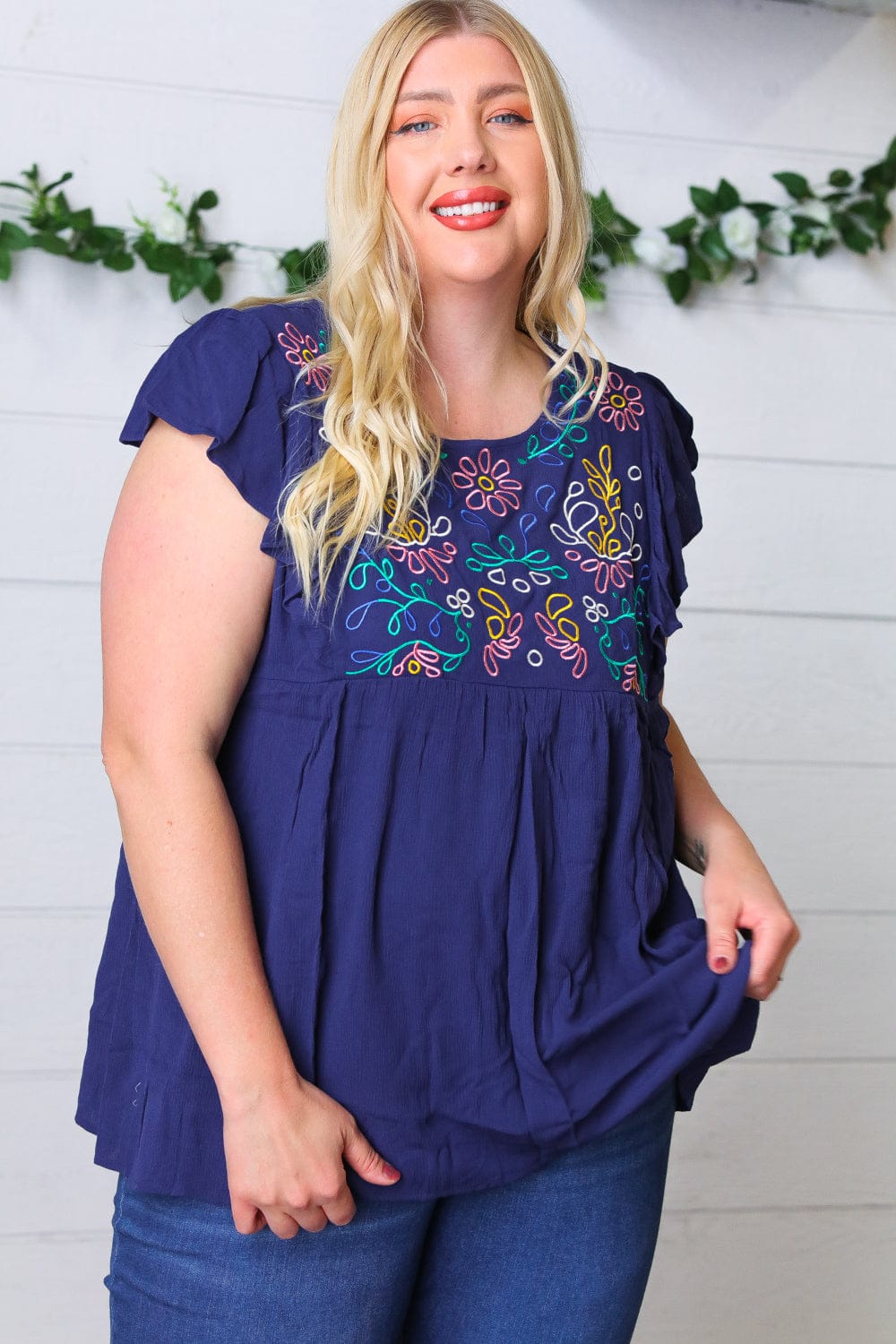 Navy Blue Floral Embroidered Flutter Sleeve Blouse for Women - Elegant Boho Chic Tunic Top for Casual Wear, Date Night & Summer Outfits