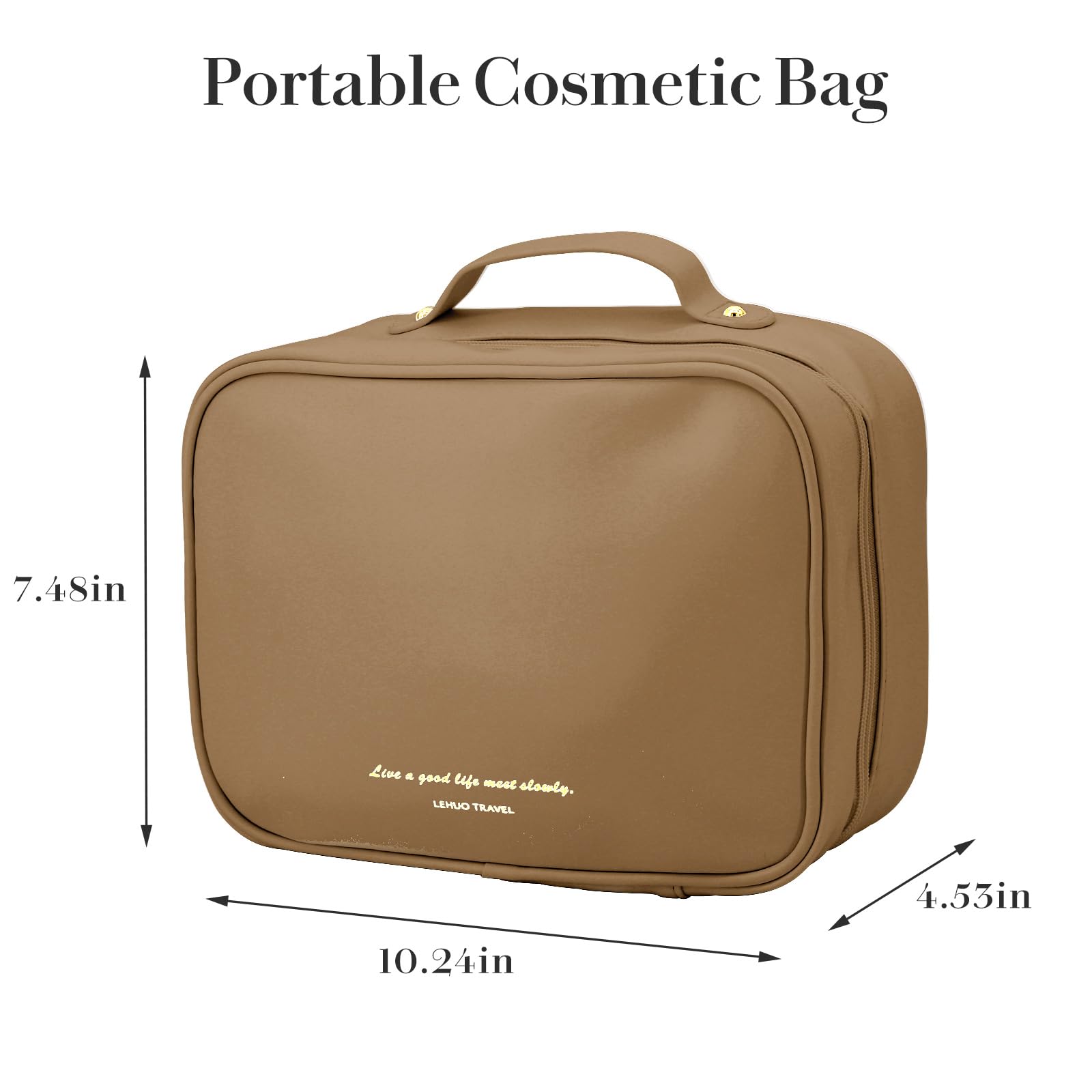 Large Waterproof Leather Travel Makeup Bag with Brush Holder & Handle - Spacious Cosmetic Organizer Toiletry Bag for Women | Perfect for Air Travel, Gym, Vacation & Daily Use - Ideal Gift for Girls (Brown)