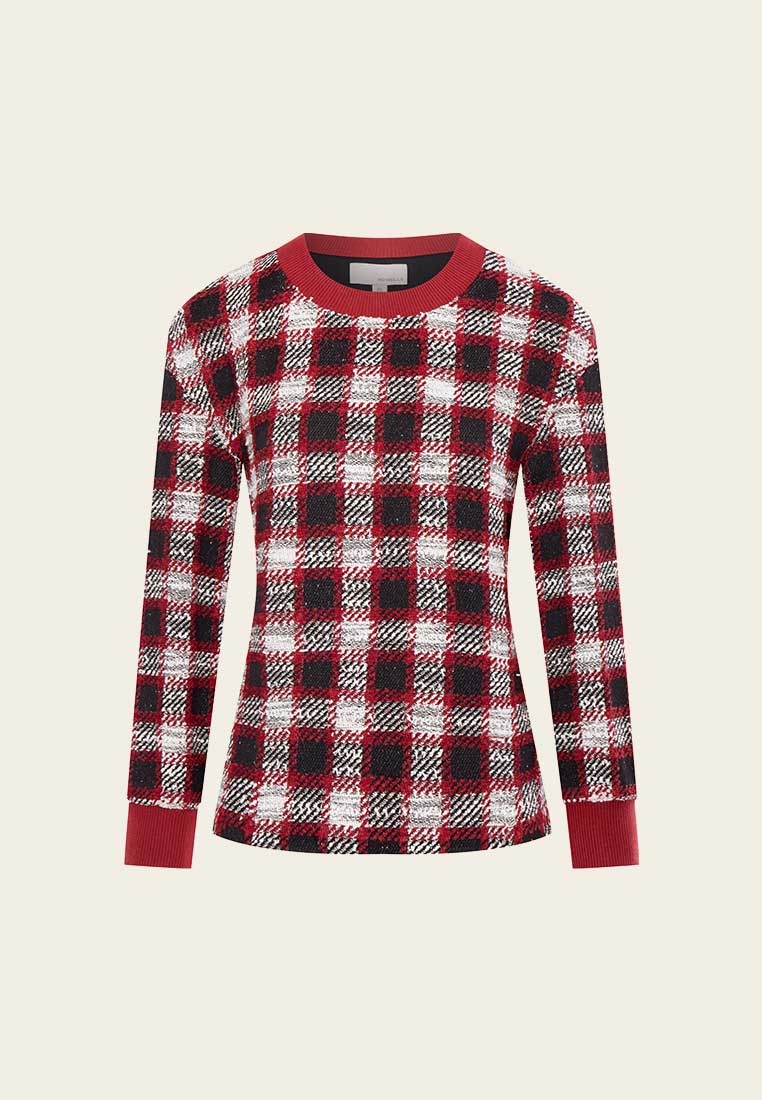 Stylish Red Plaid Tweed Sweater for Women - Cozy Winter Pullover with Classic Checkered Pattern - Perfect for Office, Date Night & Holiday Outfits