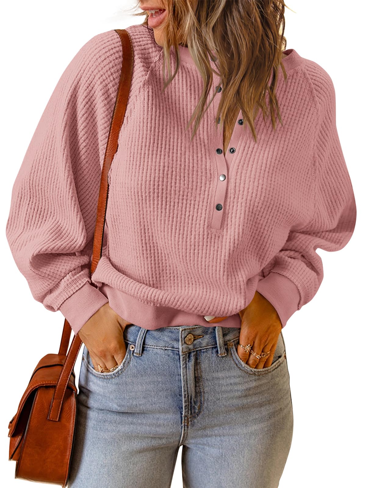 PRETTYGARDEN Women's Long Sleeve Waffle Knit Sweater - Soft Button Up Pullover V-Neck Loose Crop Top for Fall & Winter | Casual Outfit, Layering Piece, Office Wear & Date Night Fashion