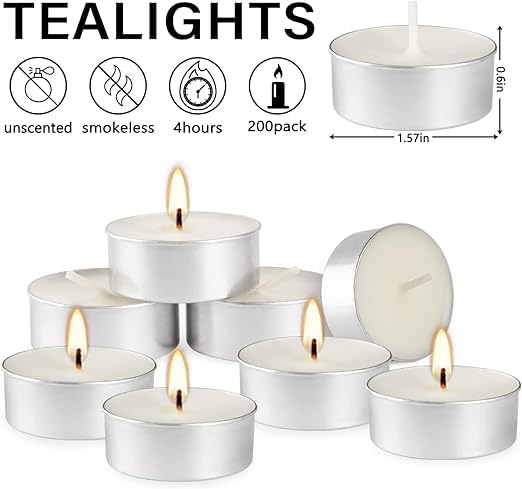 Unscented White Tea Light Candles Bulk 200 Pack - Smokeless, Dripless, 4-Hour Burn Time for Weddings, Home Decor, Pool Parties & Shabbat Ceremonies - Perfect for Romantic Ambiance, Religious Events & Special Occasions