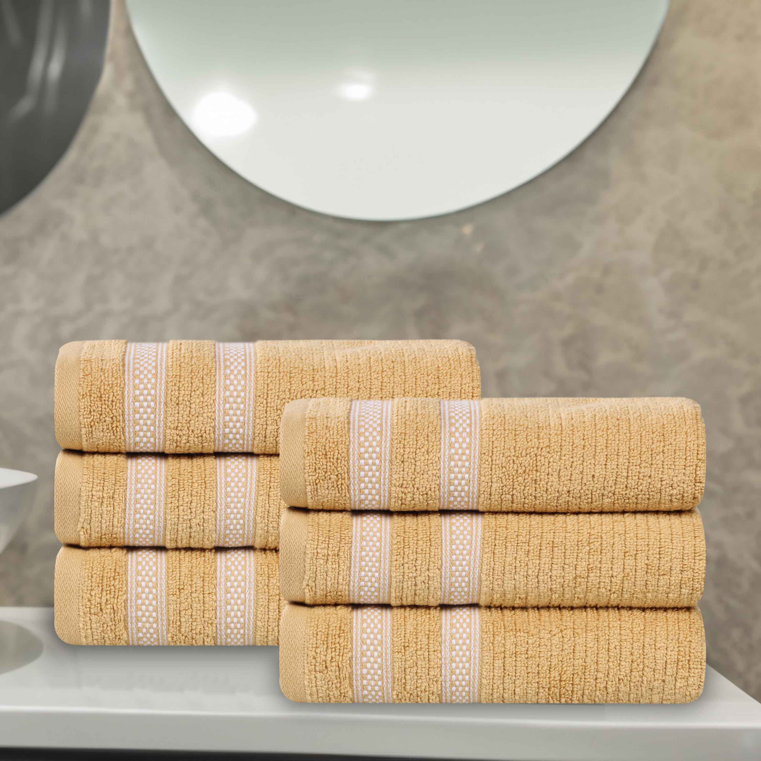 Premium Zero Twist Cotton Ribbed Geometric Border Plush Hand Towel Set of 6 - Ultra Soft & Absorbent Bathroom, Kitchen & Guest Towels for Spa-Like Luxury