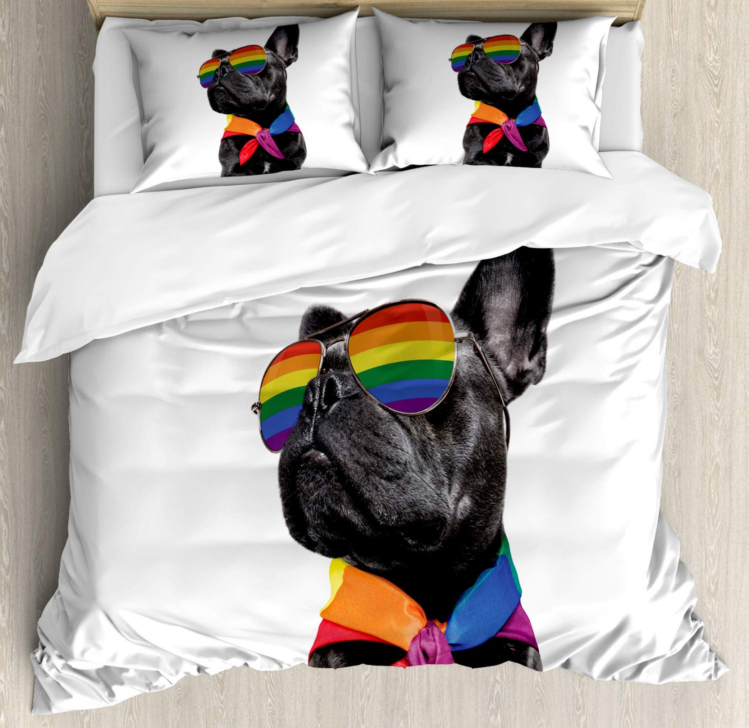 Ambesonne Bulldog Duvet Cover Set - Queen Size 3-Piece Bedding with 2 Pillow Shams | Colorful LGBT Pride Design Featuring Proud Dog with Eyeglasses & Scarf | Soft White & Multicolor Decorative Comforter Cover | Perfect for Pet Lovers' Bedrooms, Pride Month Decor, or Unique Gift Idea