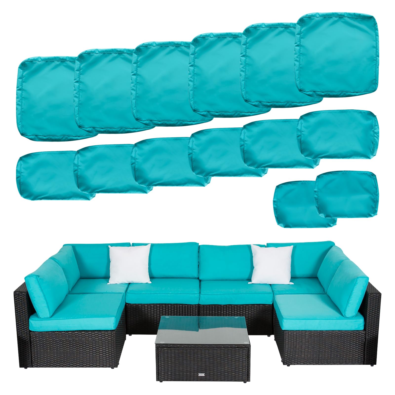 JSUN7 14-Piece Outdoor Cushion Covers for Patio Furniture - Washable Zippered Slipcovers for 6-Seater Wicker Conversation Set, Blue | Durable Replacement Covers for Outdoor Sofa, Sectional & Lounge Chairs | Perfect for Backyard, Poolside & Garden Decor