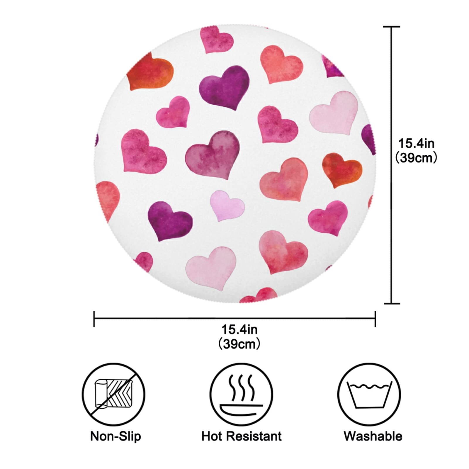 Valentine's Day Round Heart Placemats Set of 6 - Washable Kitchen Table Mats for Romantic Dining, Dinner Parties & Holiday Decor
