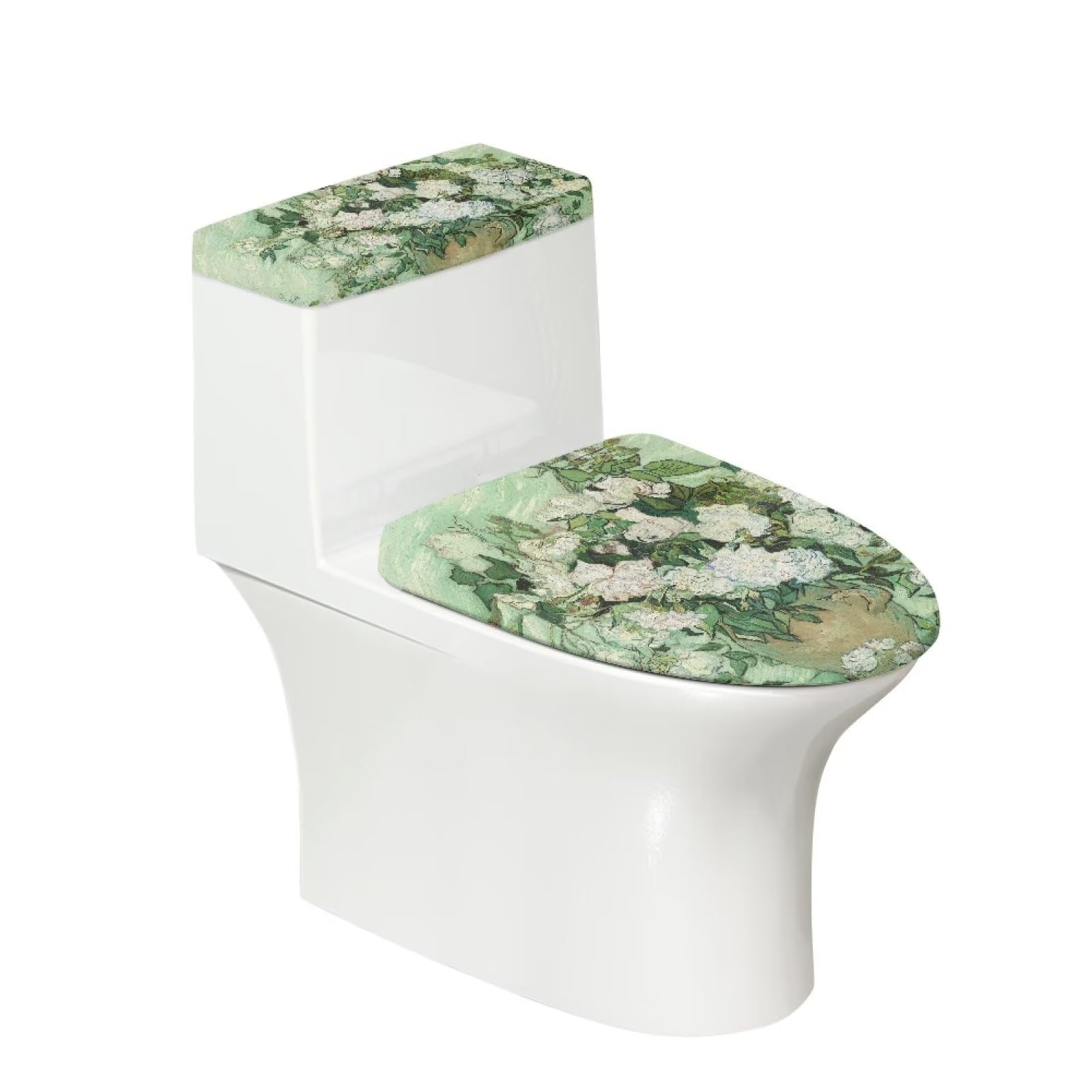 Van Gogh White Rose Toilet Lid Cover Set - Soft Toilet Tank & Seat Covers for Bathroom Decor - Perfect for Vintage Style Bathroom Accessories & Home Decoration
