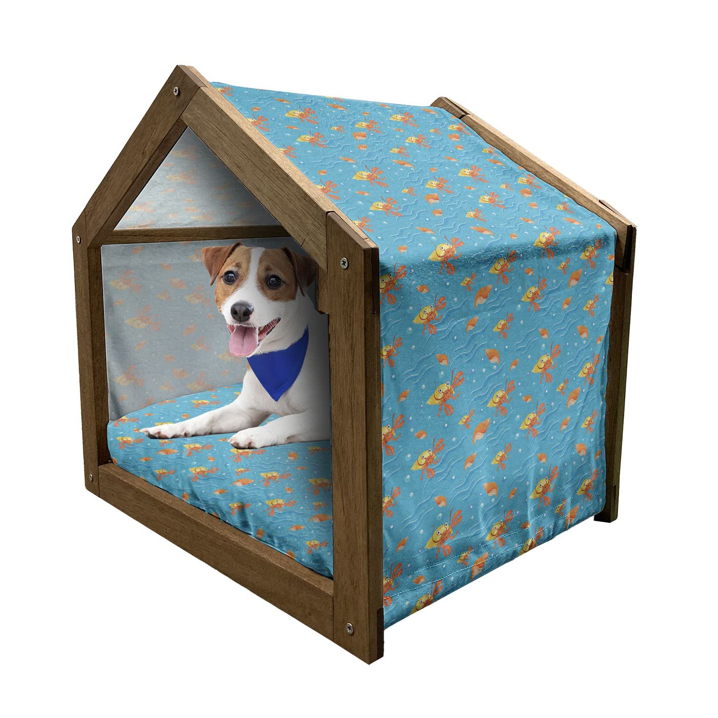 Ambesonne Wooden Hermit Crab House - Sea Animals Theme with Seashells & Bubbles, Indoor & Outdoor Portable Pet Shelter with Pillow & Cover, Medium Size Deep Sky Blue - Perfect for Hermit Crab Habitats, Reptile Hideouts & Small Animal Beds