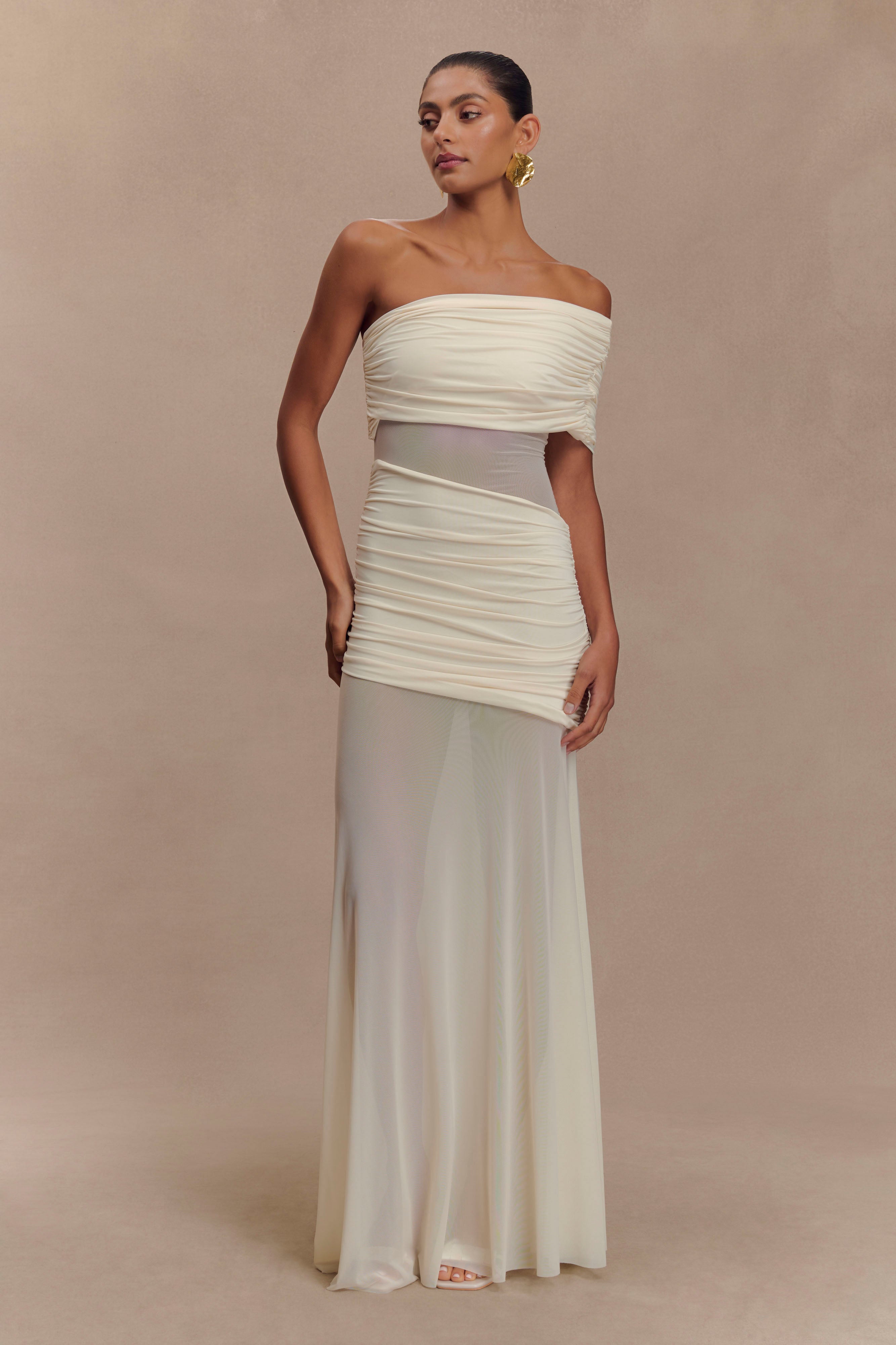 Elegant One Shoulder Mesh Maxi Dress for Women - Ivory Long Formal Gown for Evening Parties, Prom, Wedding Guest & Special Occasions
