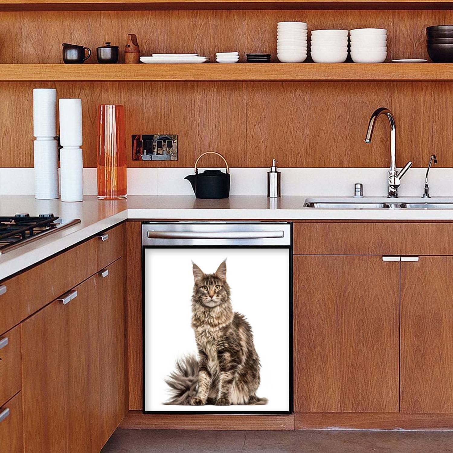 Maine Coon Cat Dishwasher Magnet Sticker - 23x26in White Refrigerator Decal for Kitchen, Fridge & Metal Doors - Funny Appliance Cover for Home & Garage Decor (Perfect for Pet Lovers & Cat Owners)