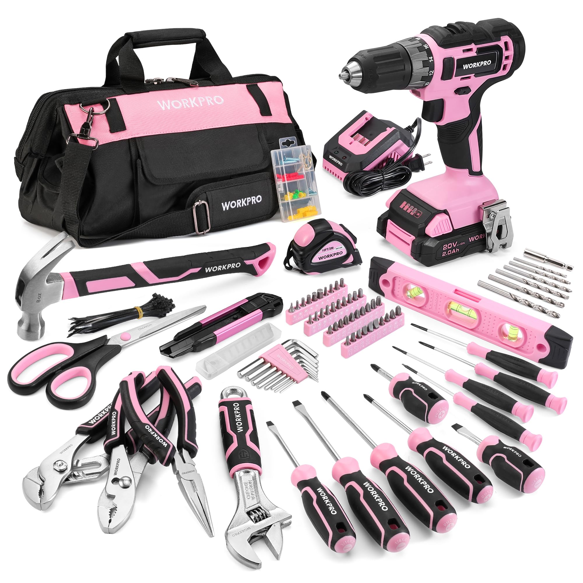 WORKPRO 157-Piece Pink Drill Set with 20V Cordless Drill Driver, UPGRADED Tool Bag, Screwdriver & Hammer - Complete Home Tool Kit for Women & Men (Pink Ribbon) - Perfect for DIY Projects, Home Repairs, and Professional Use