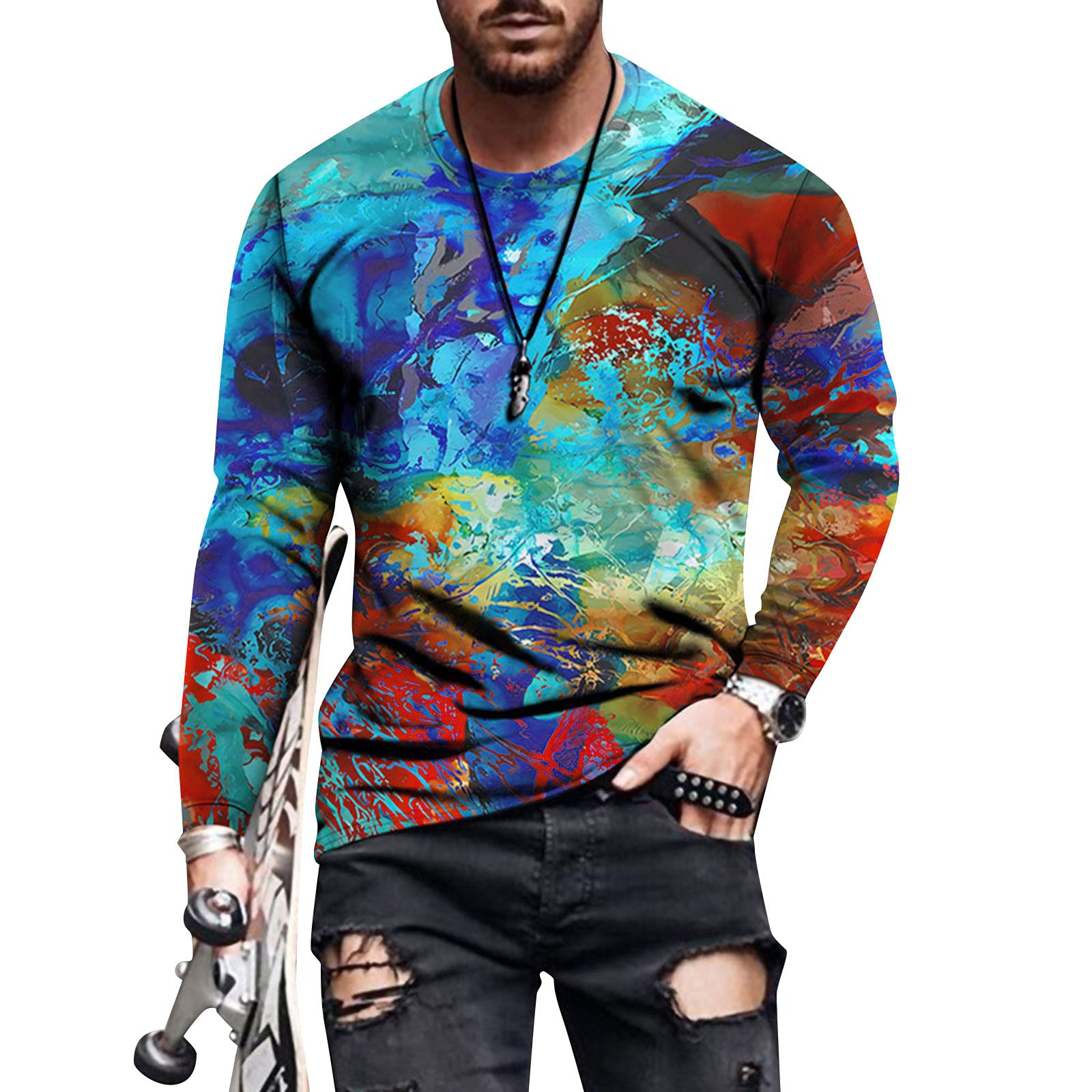 Maryia Men's Long Sleeve Graphic Print Thermal Waffle Crewneck T-Shirt - Stylish Hipster Fashion Shirt for Casual Wear, Sports & Outdoor Activities
