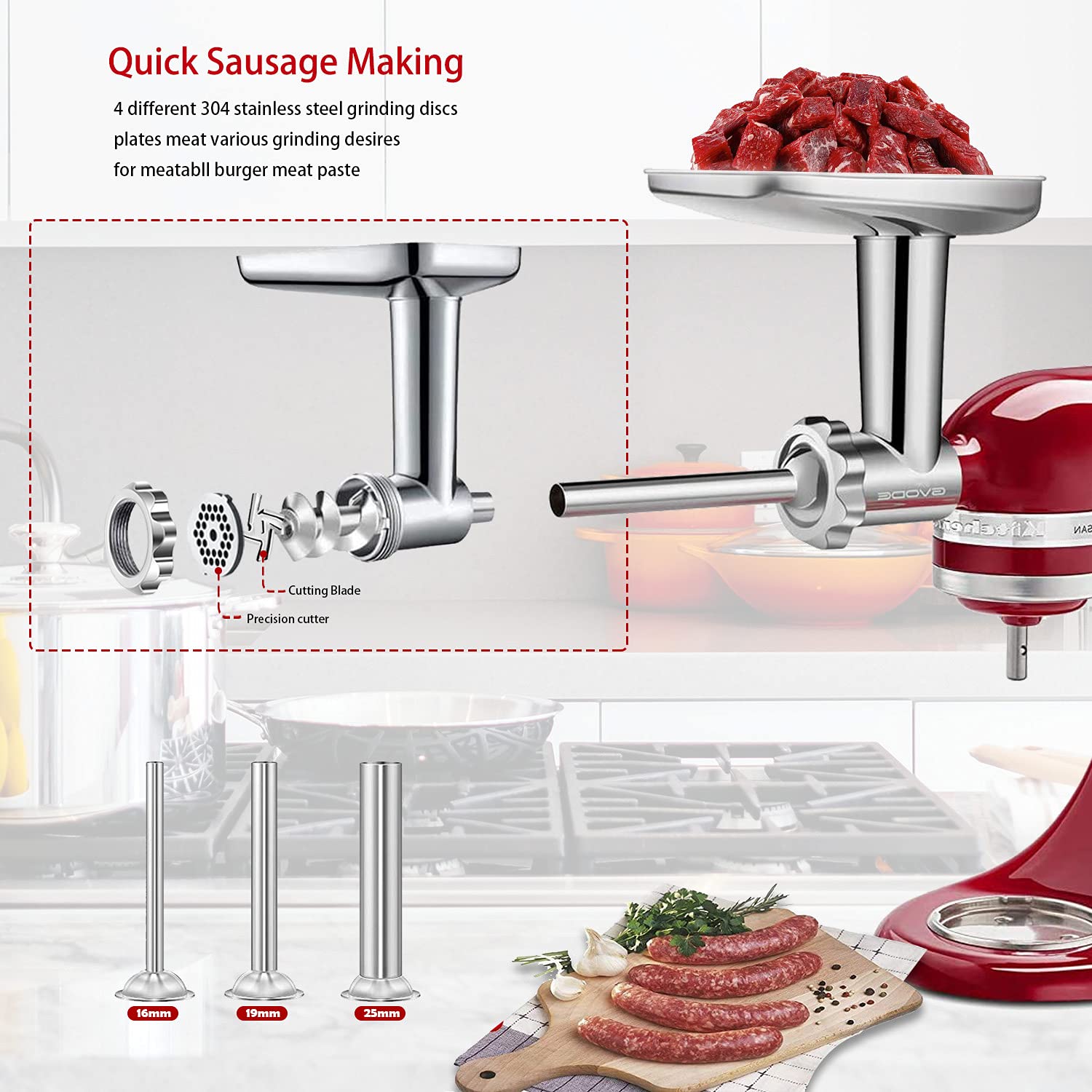 Premium Stainless Steel Meat Grinder Attachment for KitchenAid Stand Mixer - 3 Sausage Stuffer Tubes Included - Dishwasher Safe - Perfect for Homemade Burgers, Sausages & Ground Meat - by Gvode