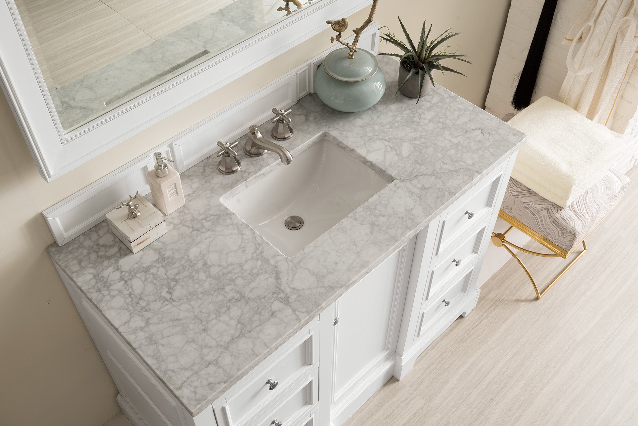 De Soto 48 Inch Single Bathroom Vanity Set with Bright White Finish & 3CM Carrara Marble Top - Perfect for Modern Master Bathrooms & Guest Bath Remodels