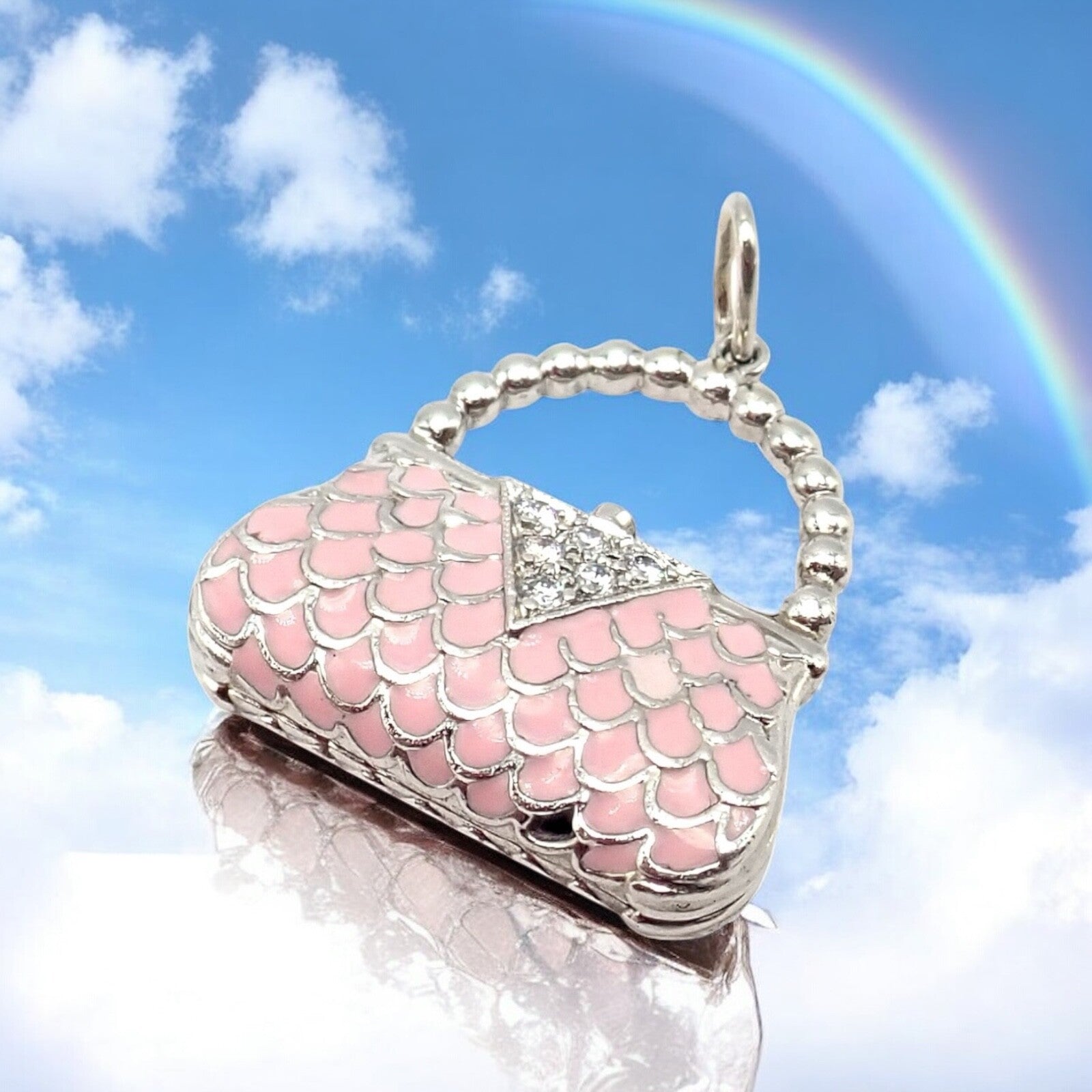 Tiffany & Co. Platinum Pink Enamel Diamond Handbag Charm Pendant - Elegant Jewelry Accessory for Luxury Bags & Purses