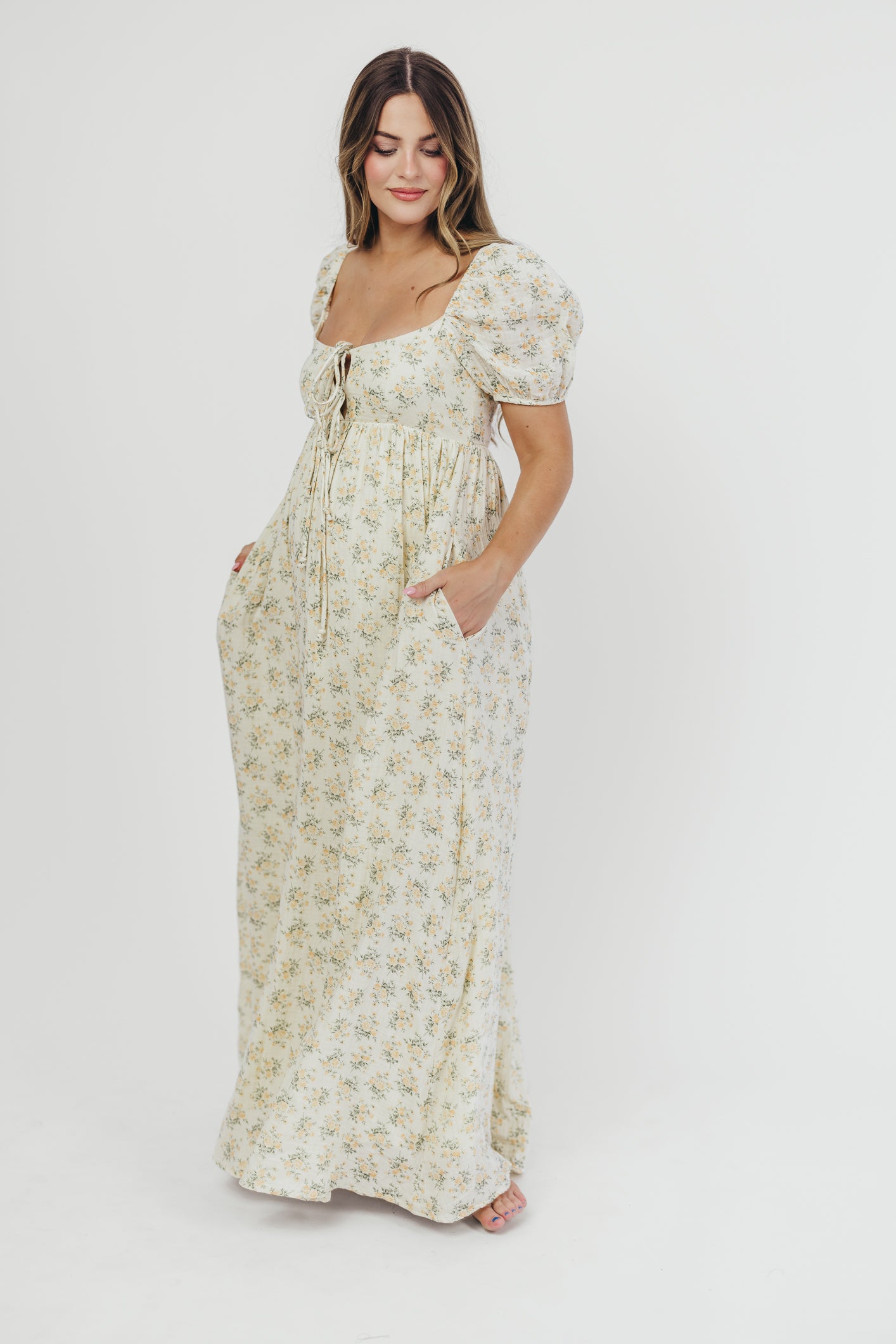 Haven 100% Cotton Tie Front Maxi Dress - Orange/Green Floral Print, Bump Friendly Maternity Dress for Women | Perfect for Summer Beach Vacations, Date Nights & Baby Showers