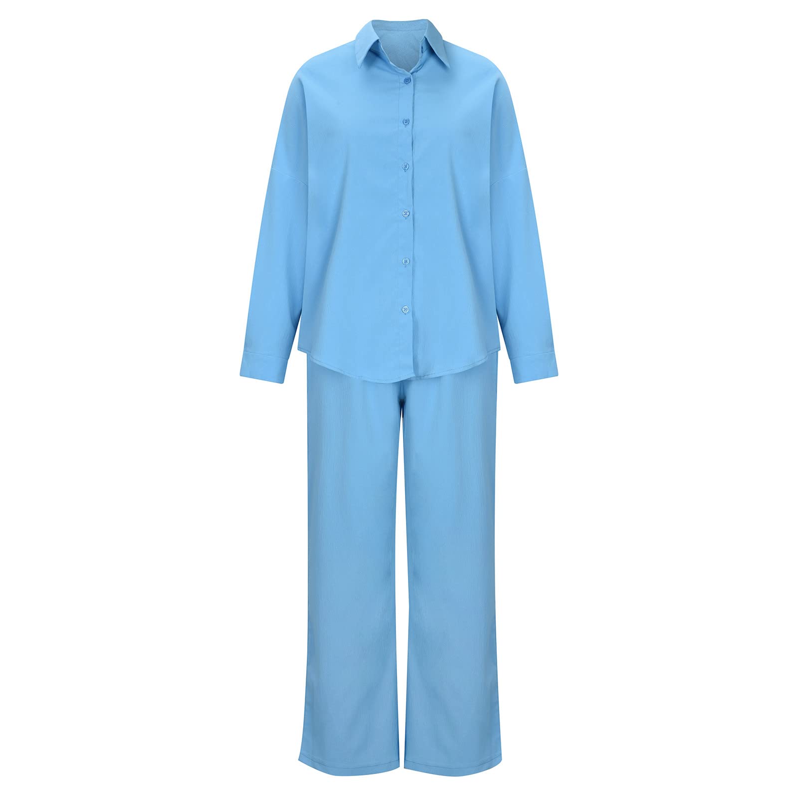 Yihaojia Women's 2-Piece Casual Outfit Set - Long Sleeve Button-Down Shirt & Lounge Pants with Pockets | Comfortable Tracksuit for Home, Office & Travel